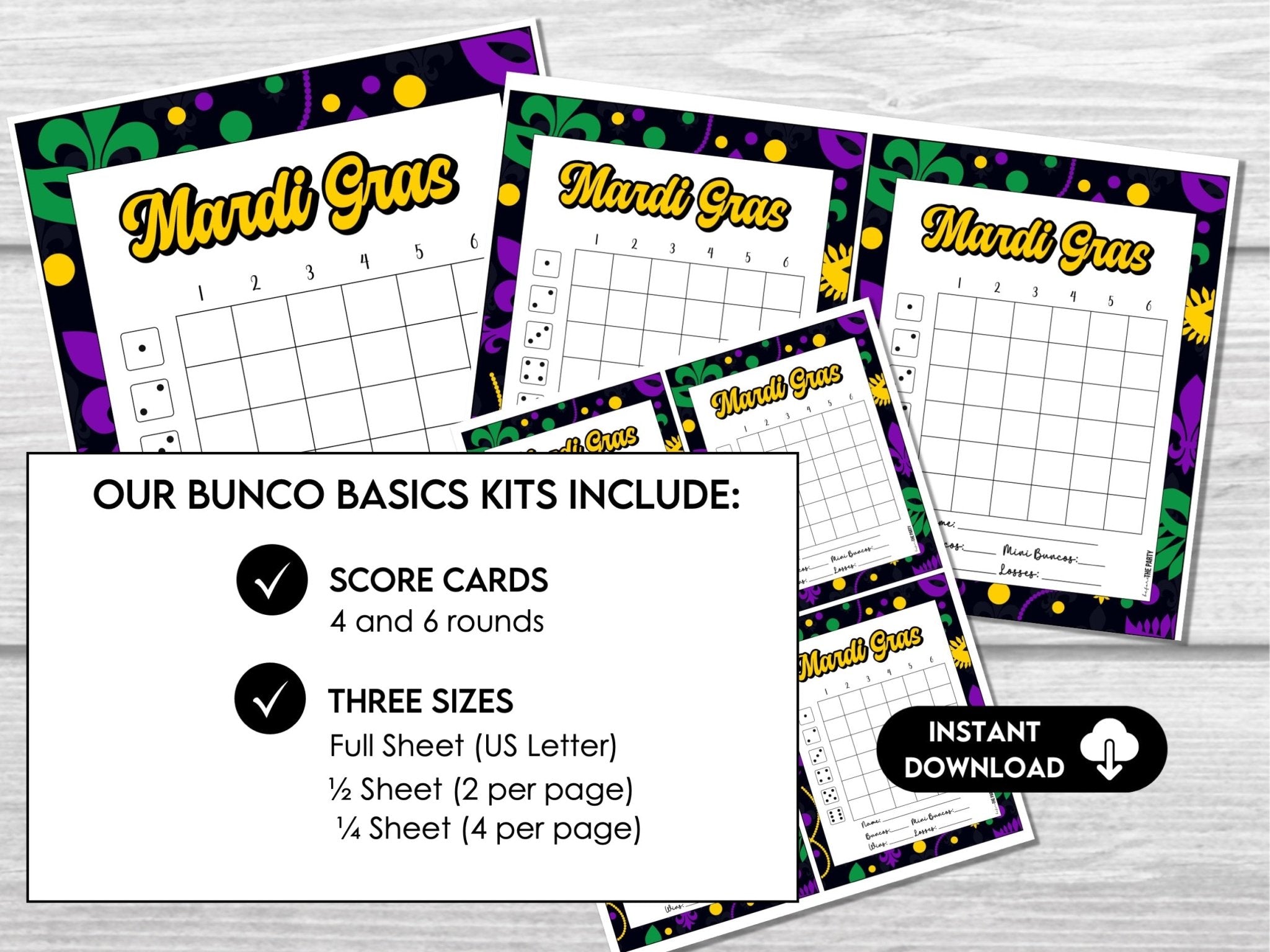 Mardi Gras Bunco Score Sheets, Carnival Themed Bunco Game Printables