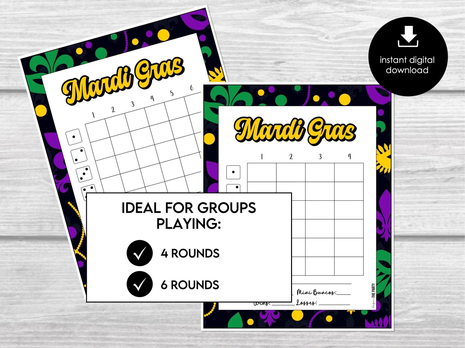 Mardi Gras Bunco Score Sheets, Carnival Themed Bunco Game Printables