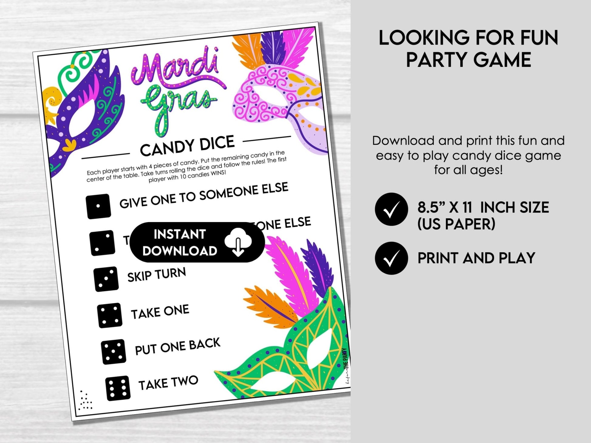 Mardi Gras Candy Dice Game, Pass the Candy Party Game Printable