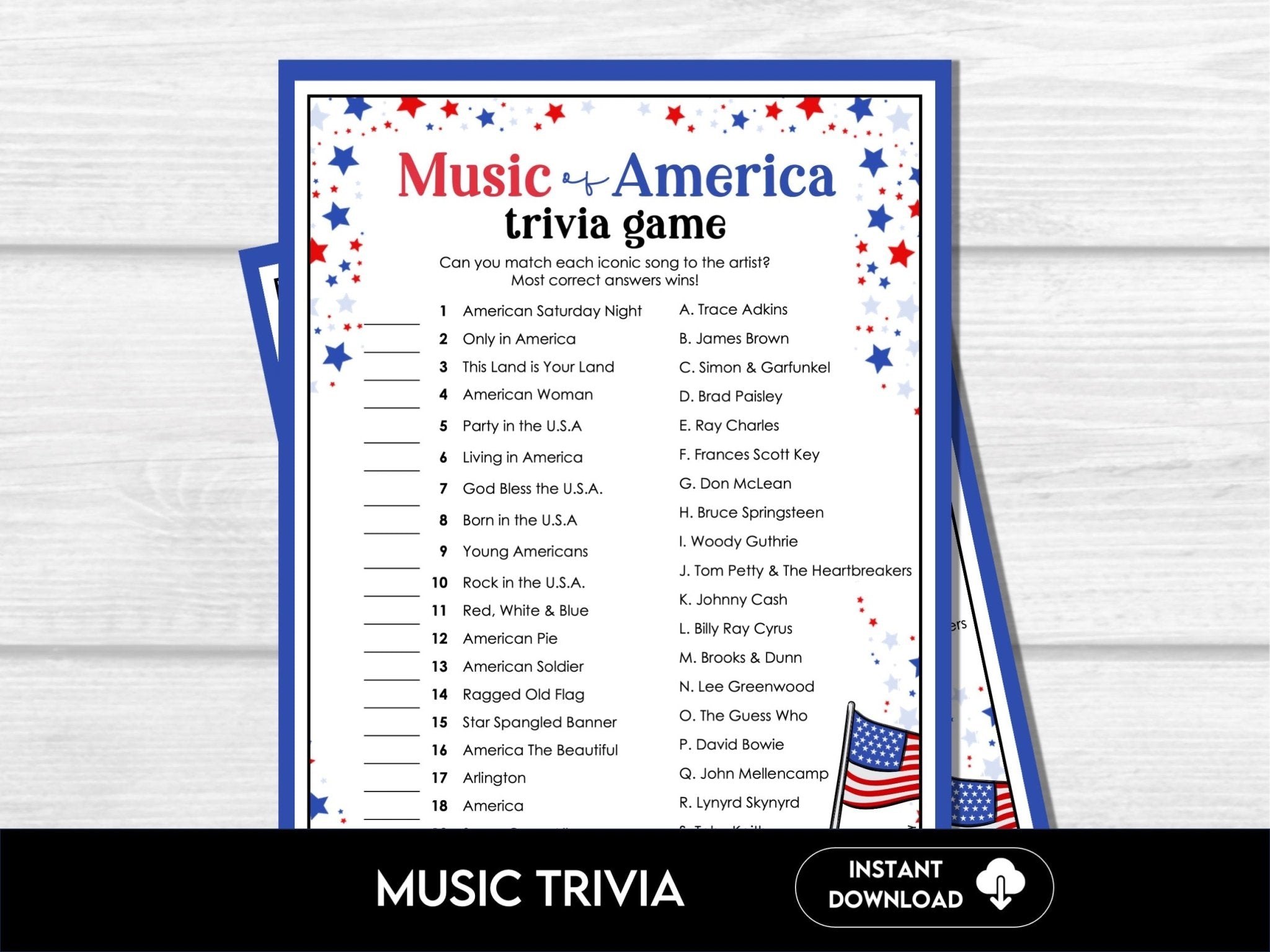 Music of America Matching Game – Patriotic Printable Trivia 4J