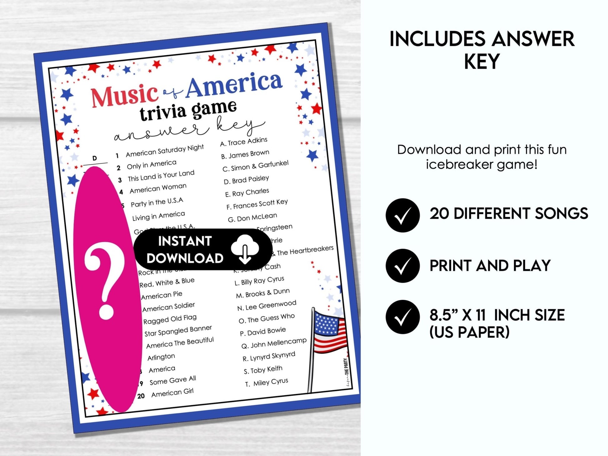 Music of America Matching Game – Patriotic Printable Trivia 4J