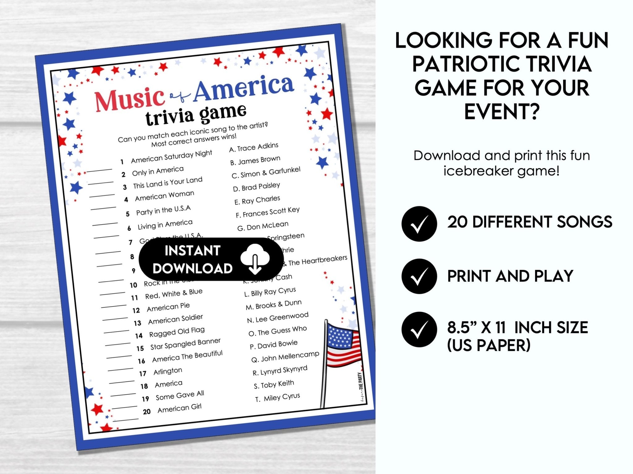 Music of America Matching Game – Patriotic Printable Trivia 4J