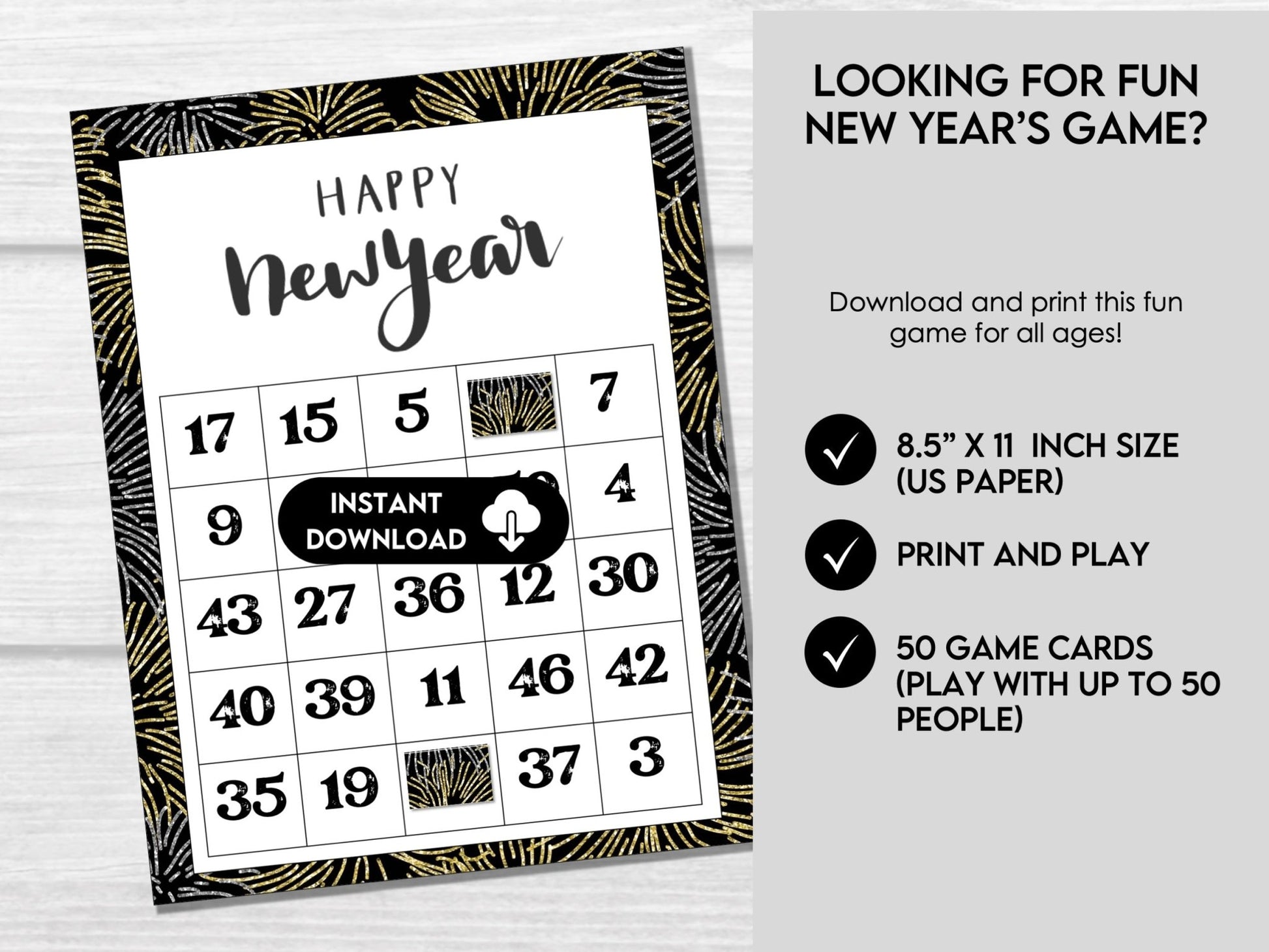 New Year's Eve Bingo Cards, Party Game for Kids, Teens, and Adults