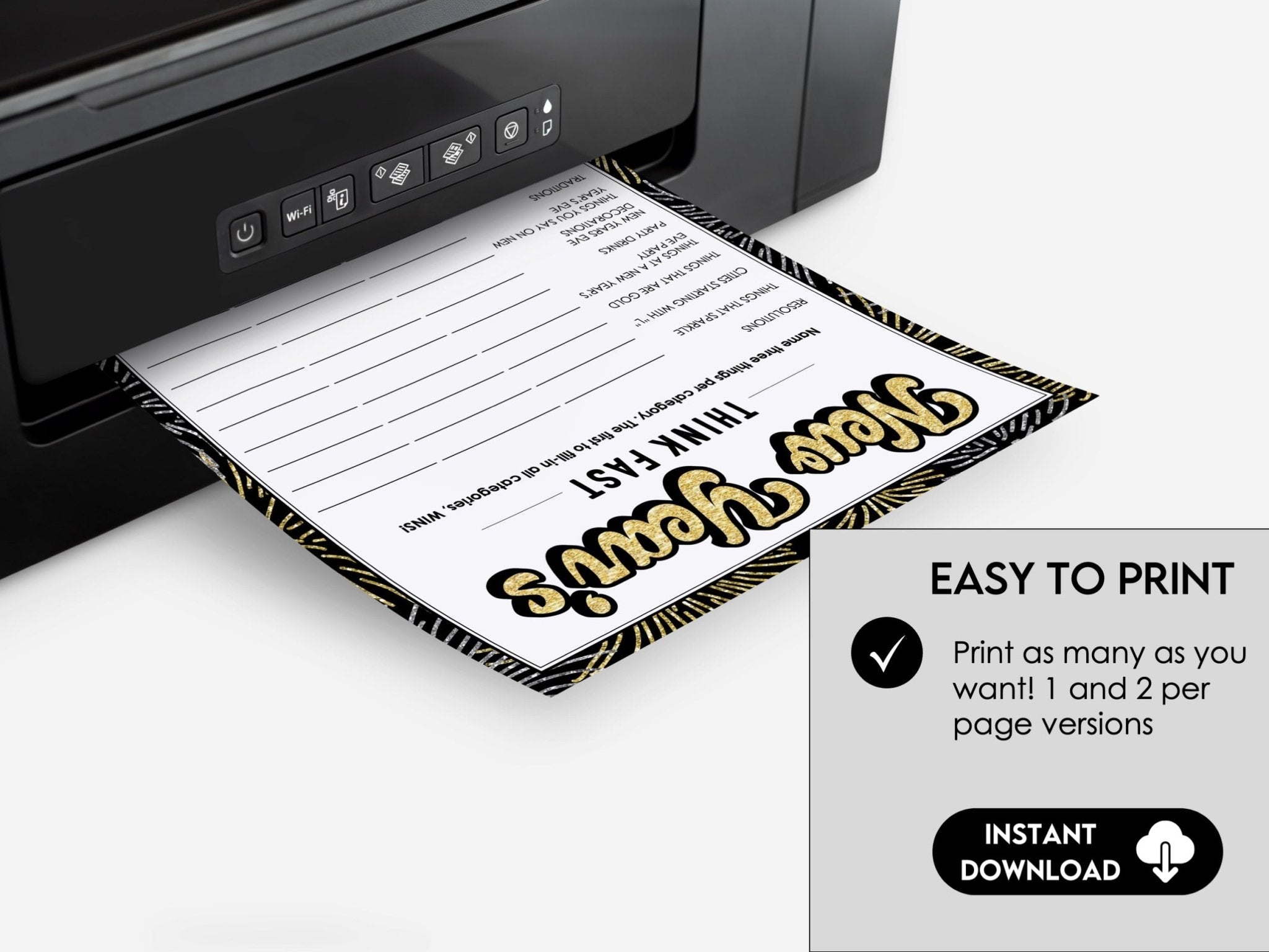 New Year's Eve Printable Party Game - Think Fast - Name Three