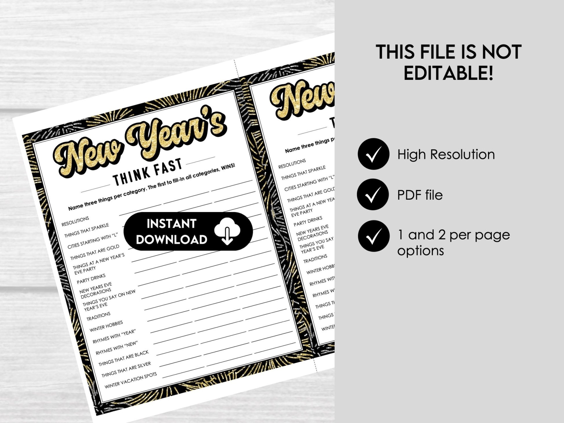 New Year's Eve Printable Party Game - Think Fast - Name Three