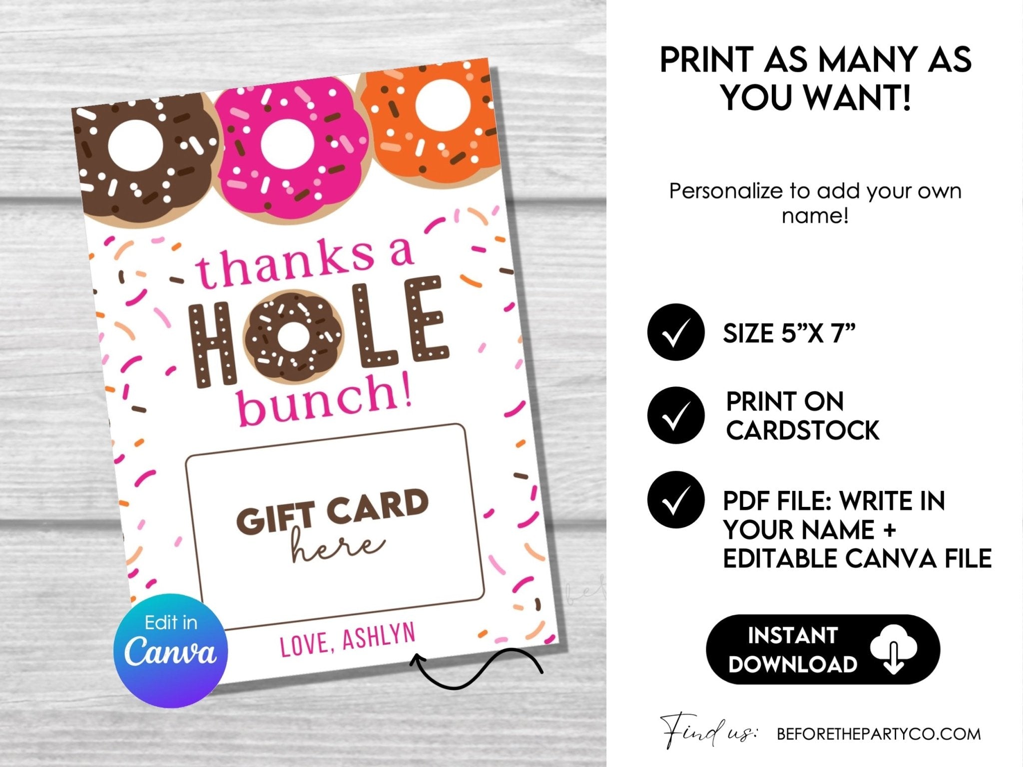 Printable Donut Gift Card Holder – Editable 5x7