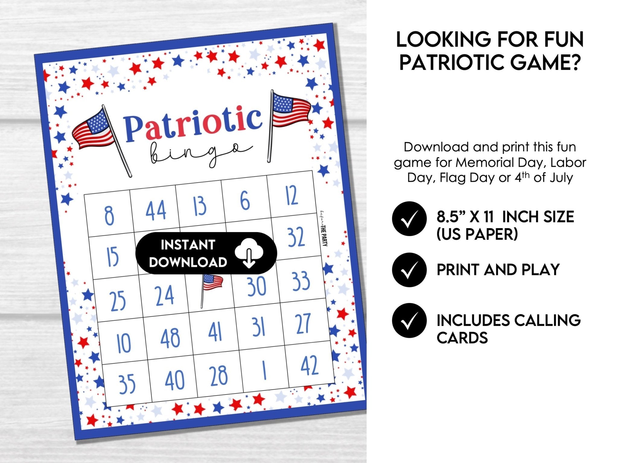 Printable Patriotic Bingo Game – 4th of July Party Activity for Kids and Adults 4J