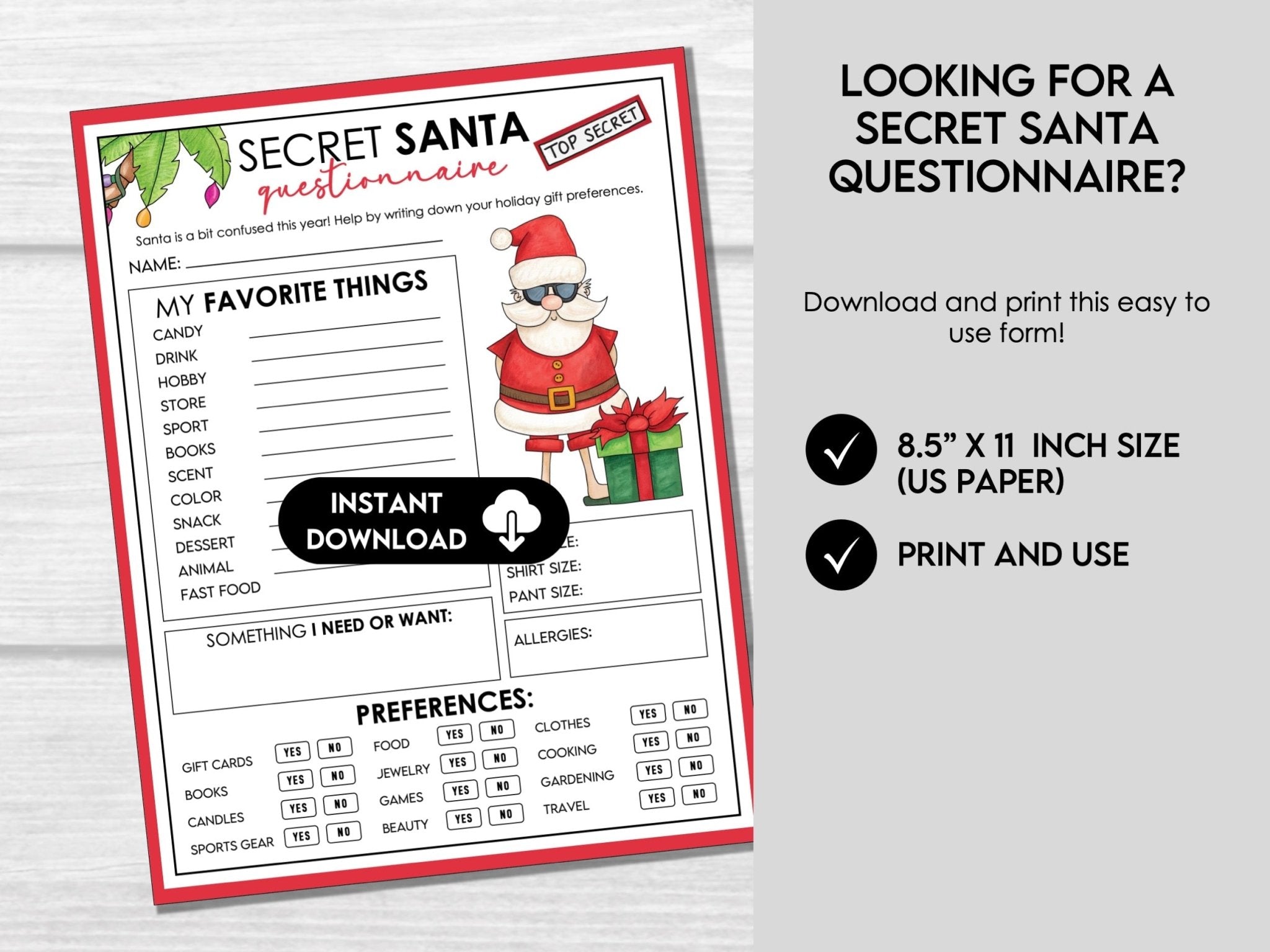 Printable Secret Santa Questionnaire for Christmas Gift Exchange - Holiday Gift Swap