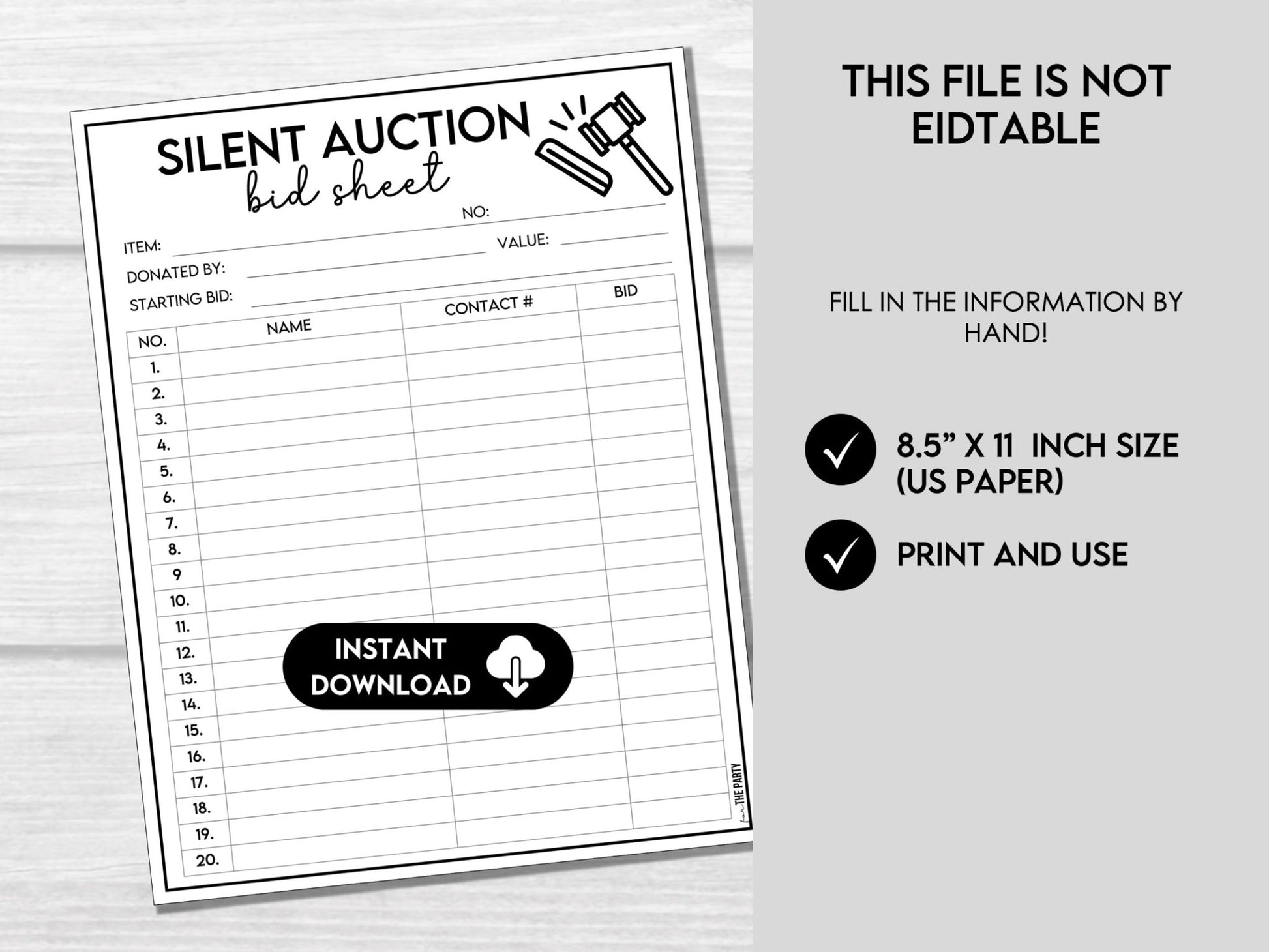 Silent Auction Bid Sheet, Silent Auction Sign Up Sheet, Fundraiser Event Sheet