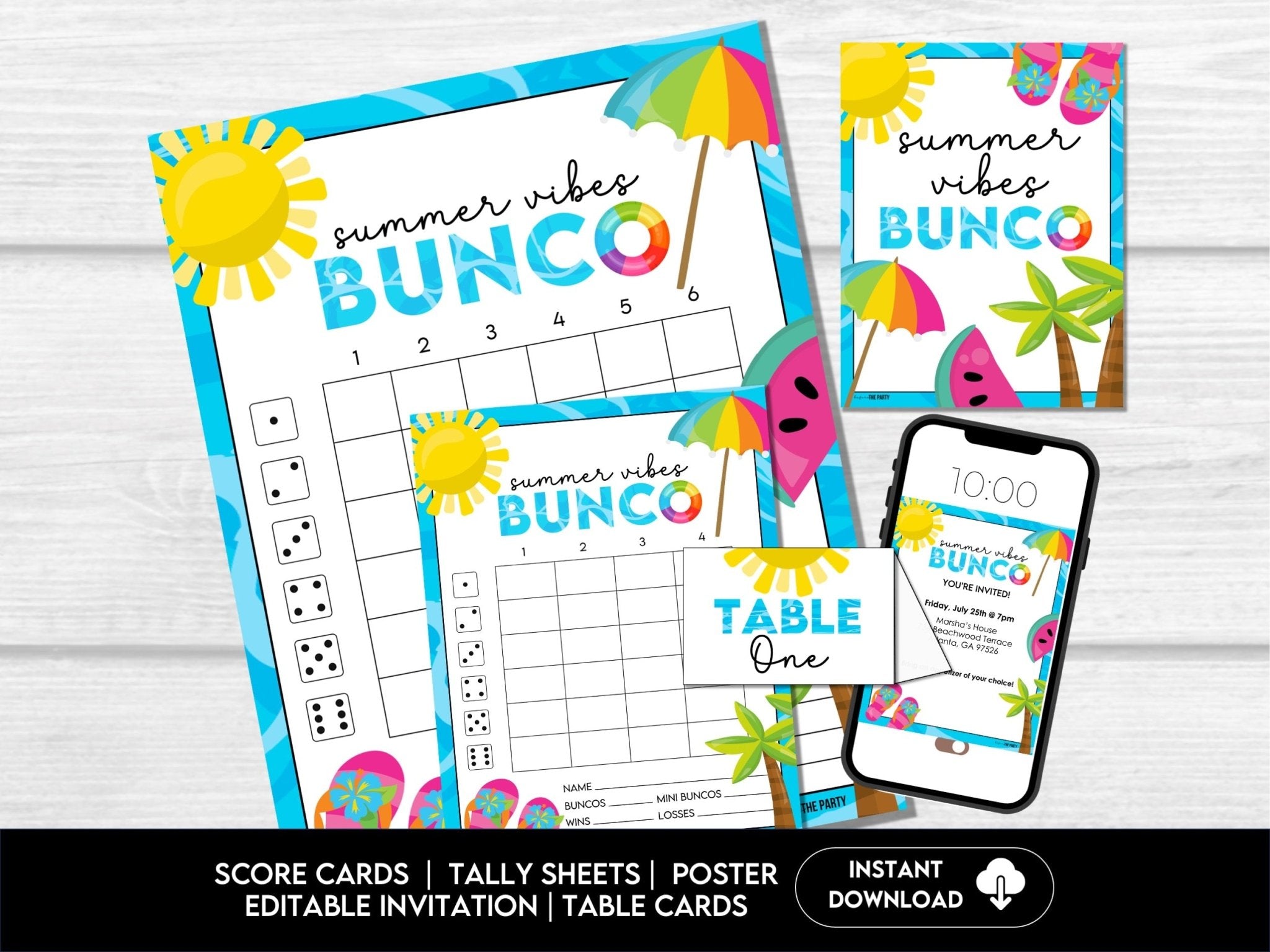 Summer Bunco Score Sheets - Beach Bunco Party Table Markers & Invitation S1