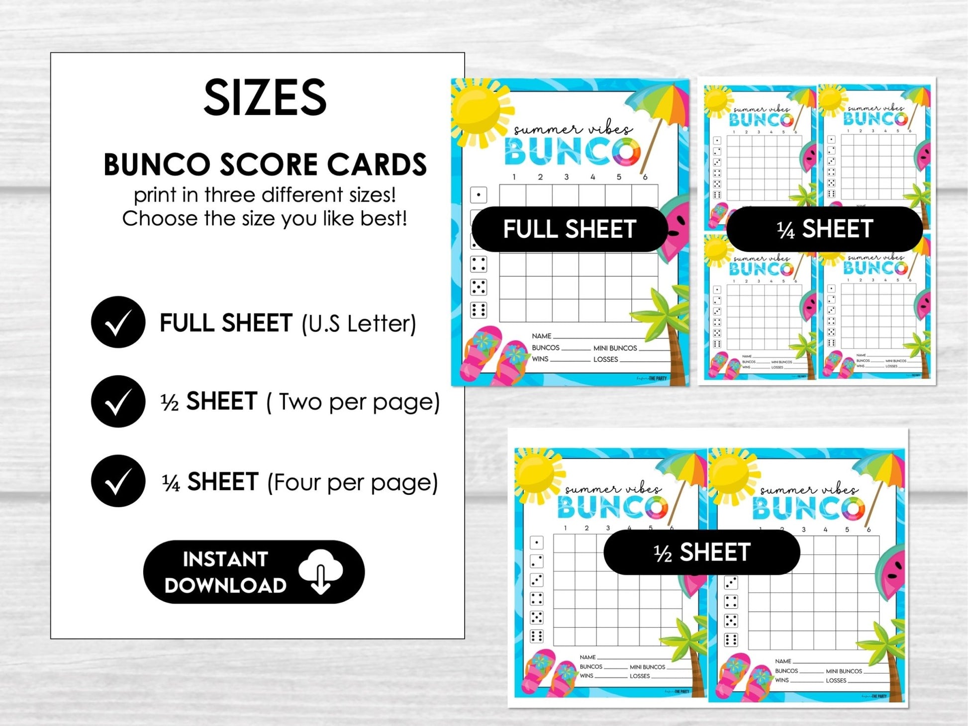 Summer Bunco Score Sheets - Beach Bunco Party Table Markers & Invitation S1