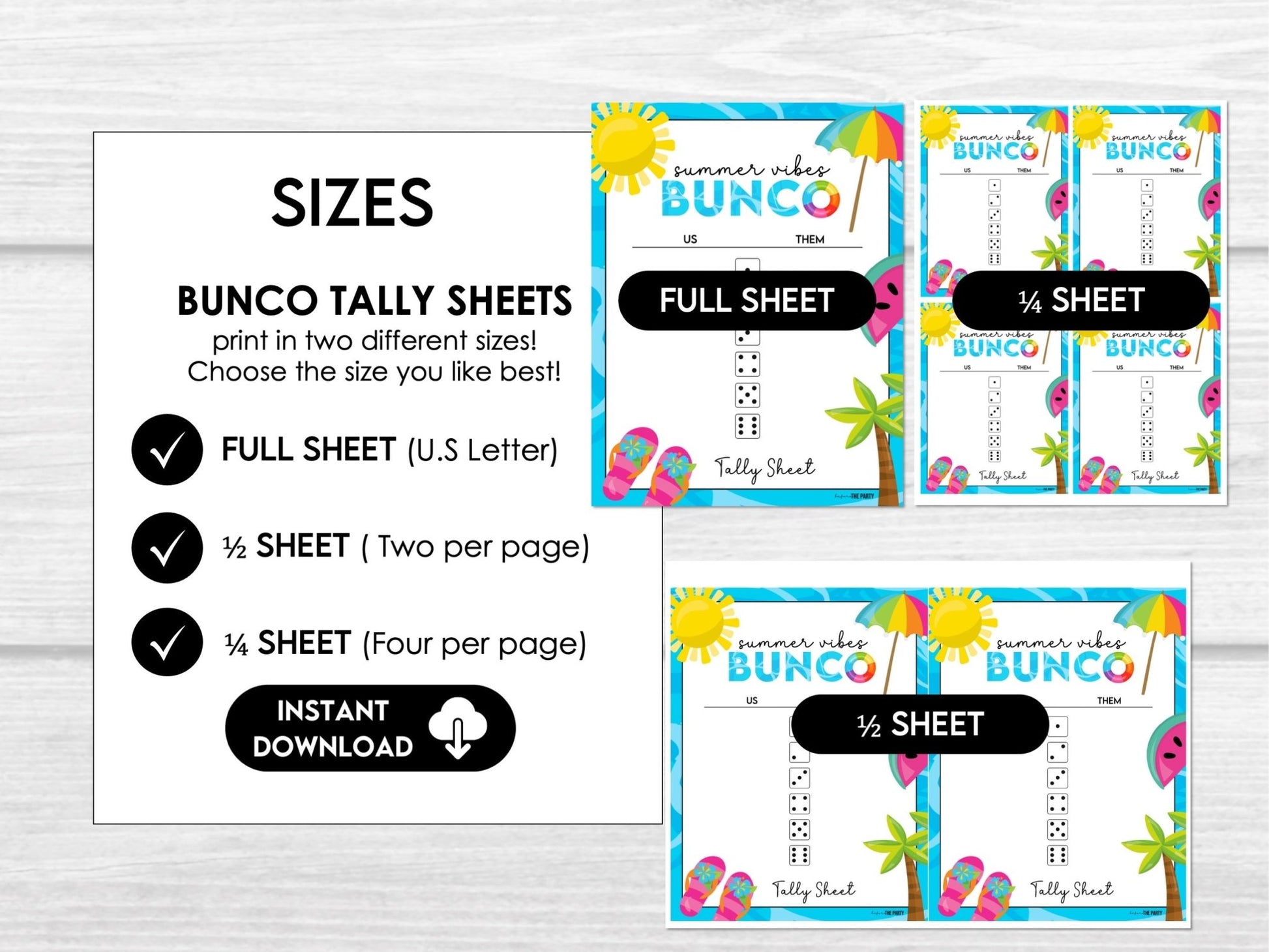 Summer Bunco Score Sheets - Beach Bunco Party Table Markers & Invitation S1