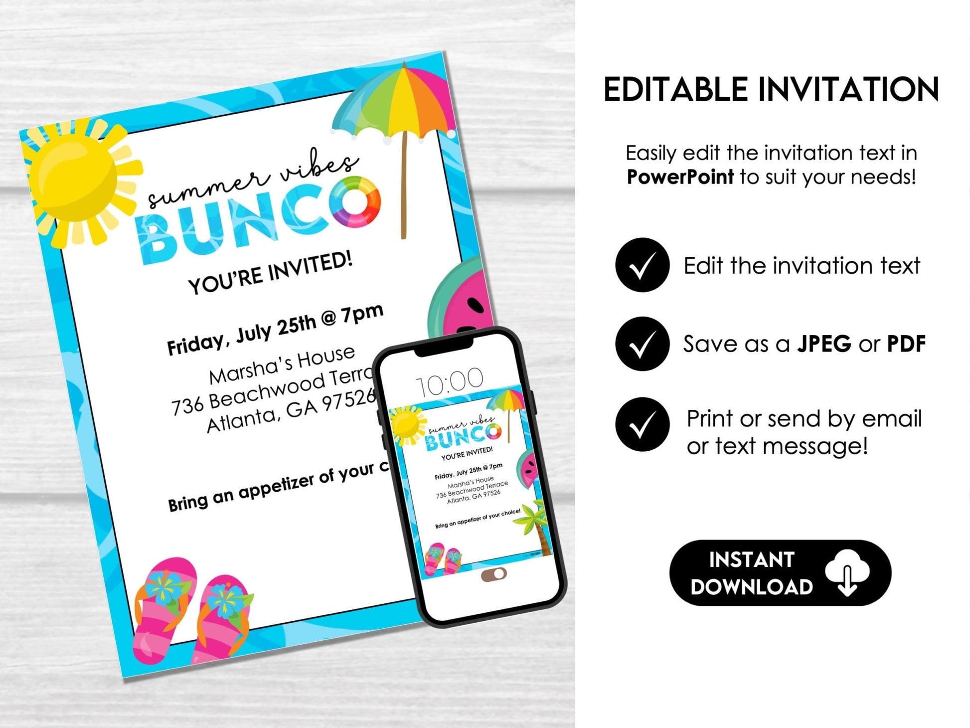 Summer Bunco Score Sheets - Beach Bunco Party Table Markers & Invitation S1
