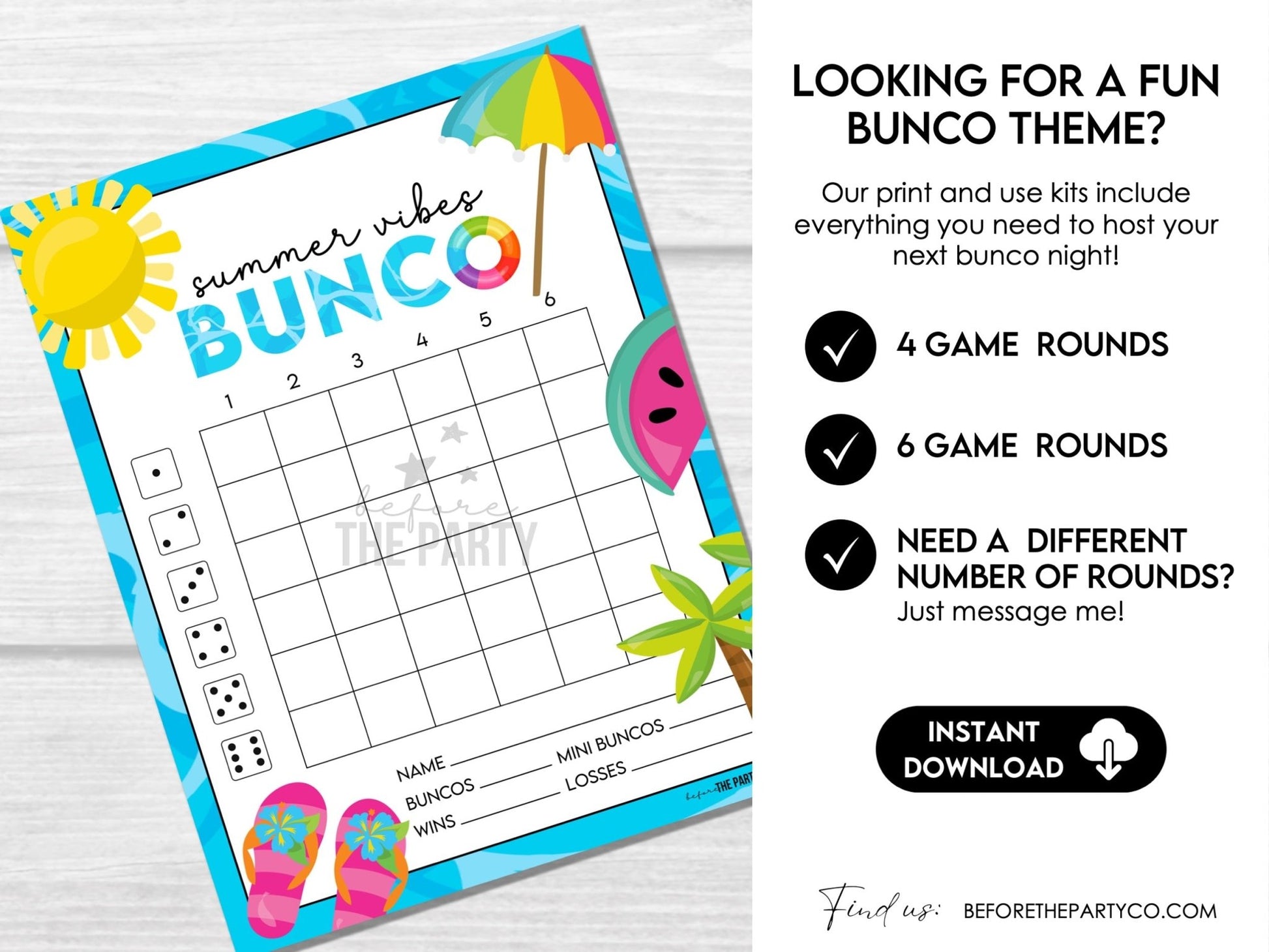 Summer Bunco Score Sheets - Beach Bunco Party Table Markers & Invitation S1