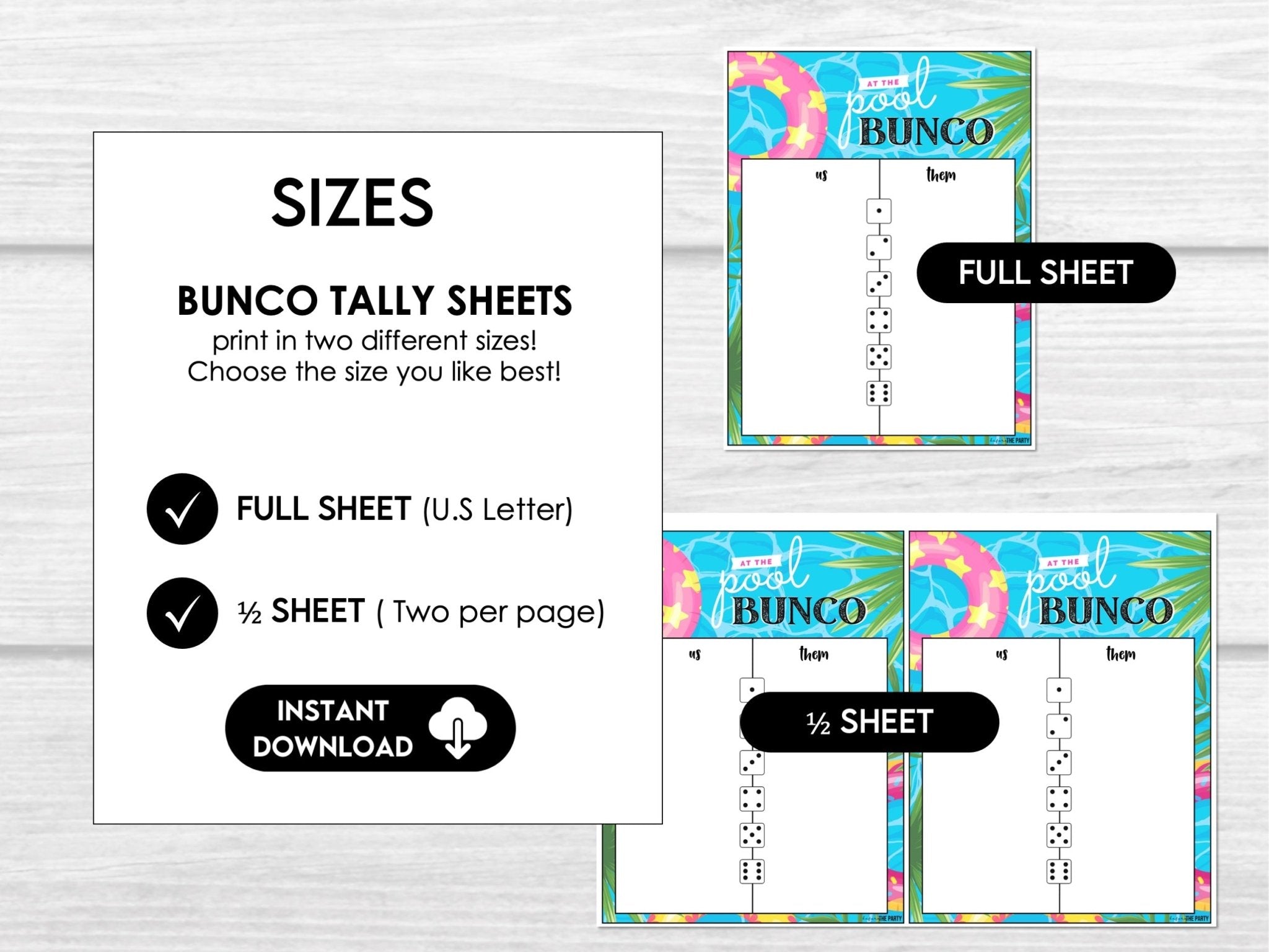 Summer Pool Party Bunco Score Cards, Swim Party Bunco Theme, Tally Cards, Table Cards & Invitation