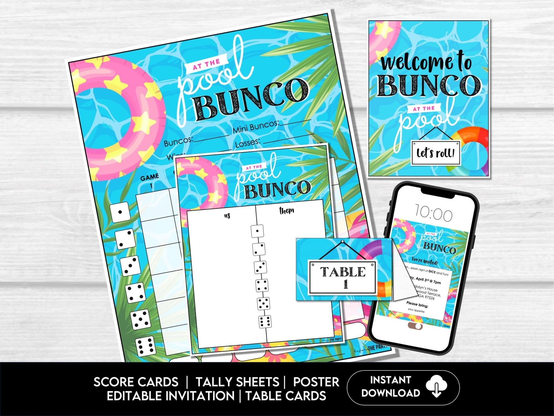 Summer Pool Party Bunco Score Cards, Swim Party Bunco Theme, Tally Cards, Table Cards & Invitation