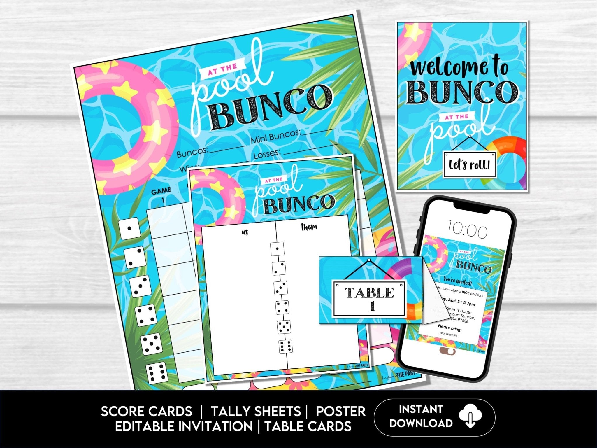 Summer Pool Party Bunco Score Cards, Swim Party Bunco Theme, Tally Cards, Table Cards & Invitation