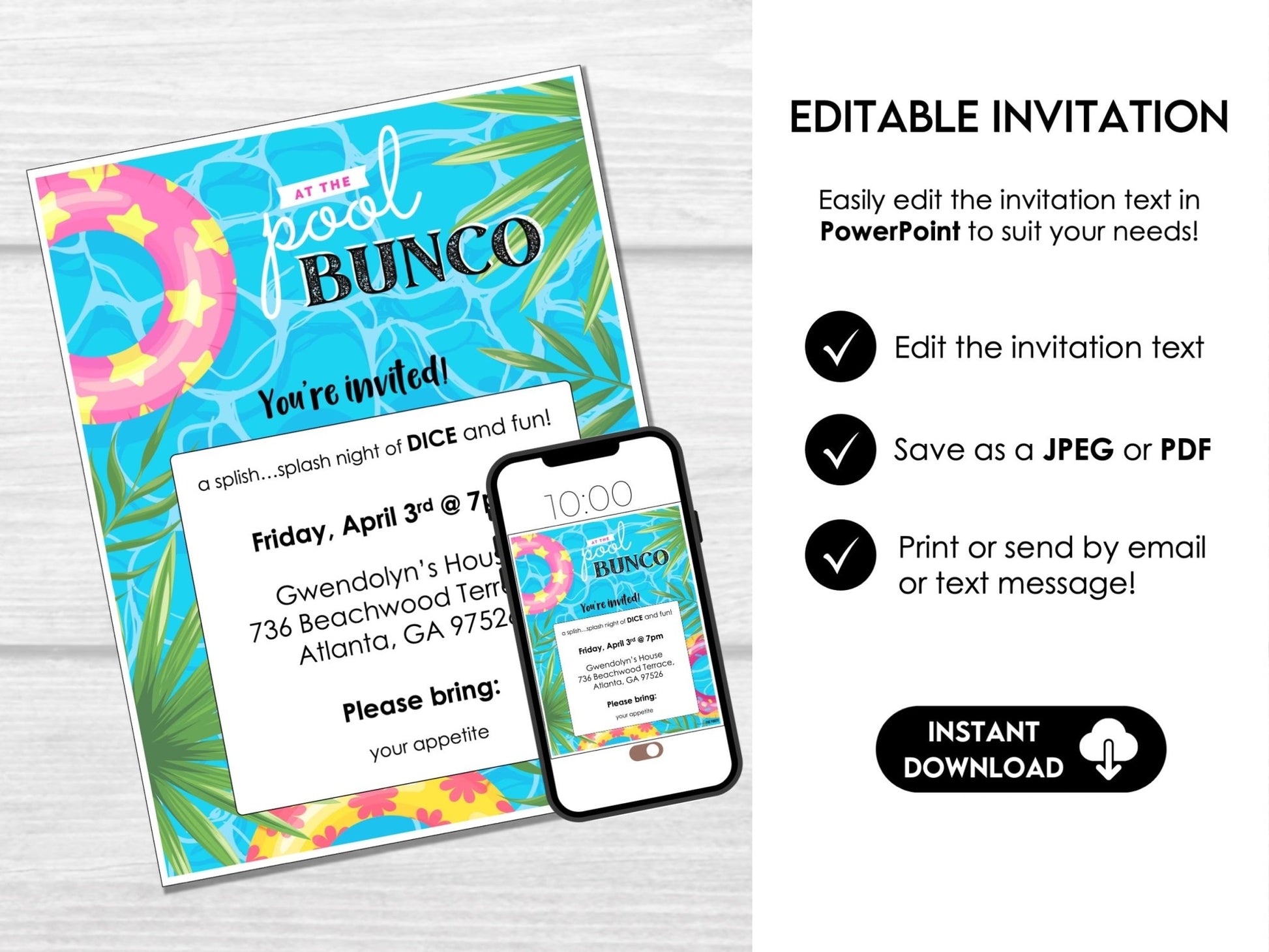 Summer Pool Party Bunco Score Cards, Swim Party Bunco Theme, Tally Cards, Table Cards & Invitation