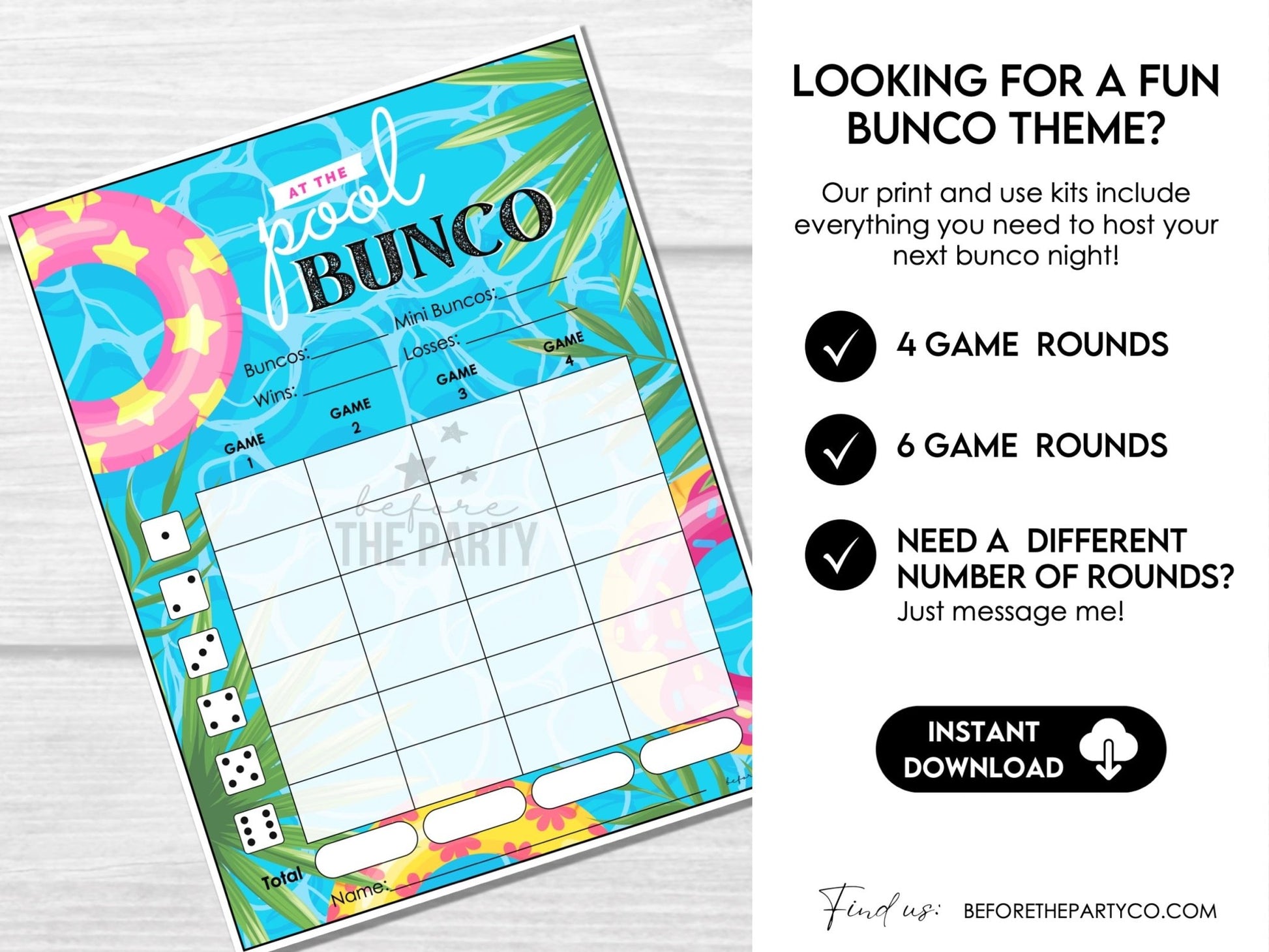 Summer Pool Party Bunco Score Cards, Swim Party Bunco Theme, Tally Cards, Table Cards & Invitation