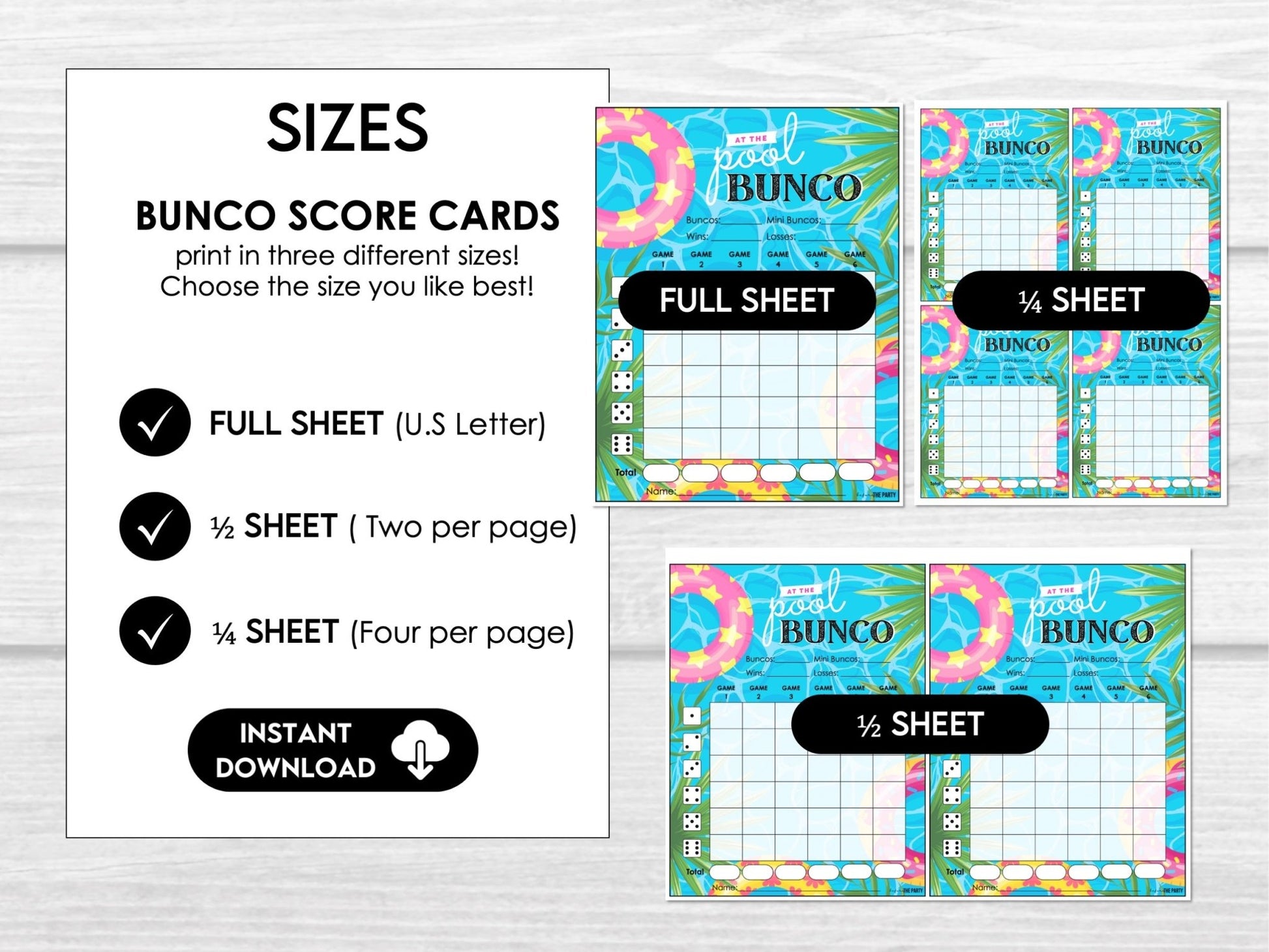 Summer Pool Party Bunco Score Cards, Swim Party Bunco Theme, Tally Cards, Table Cards & Invitation