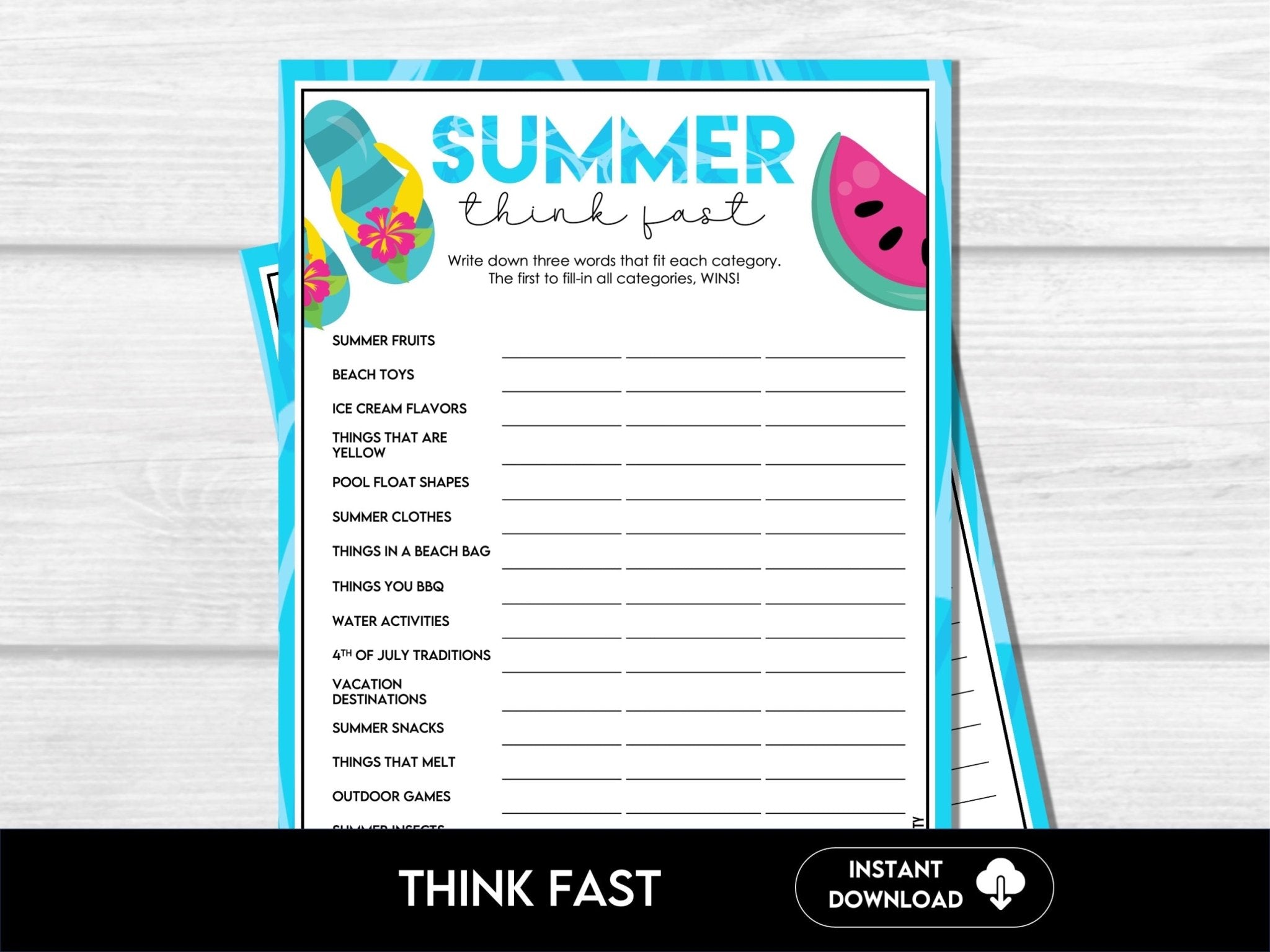 Summer Think Fast - Name Three Things Trivia Game S1