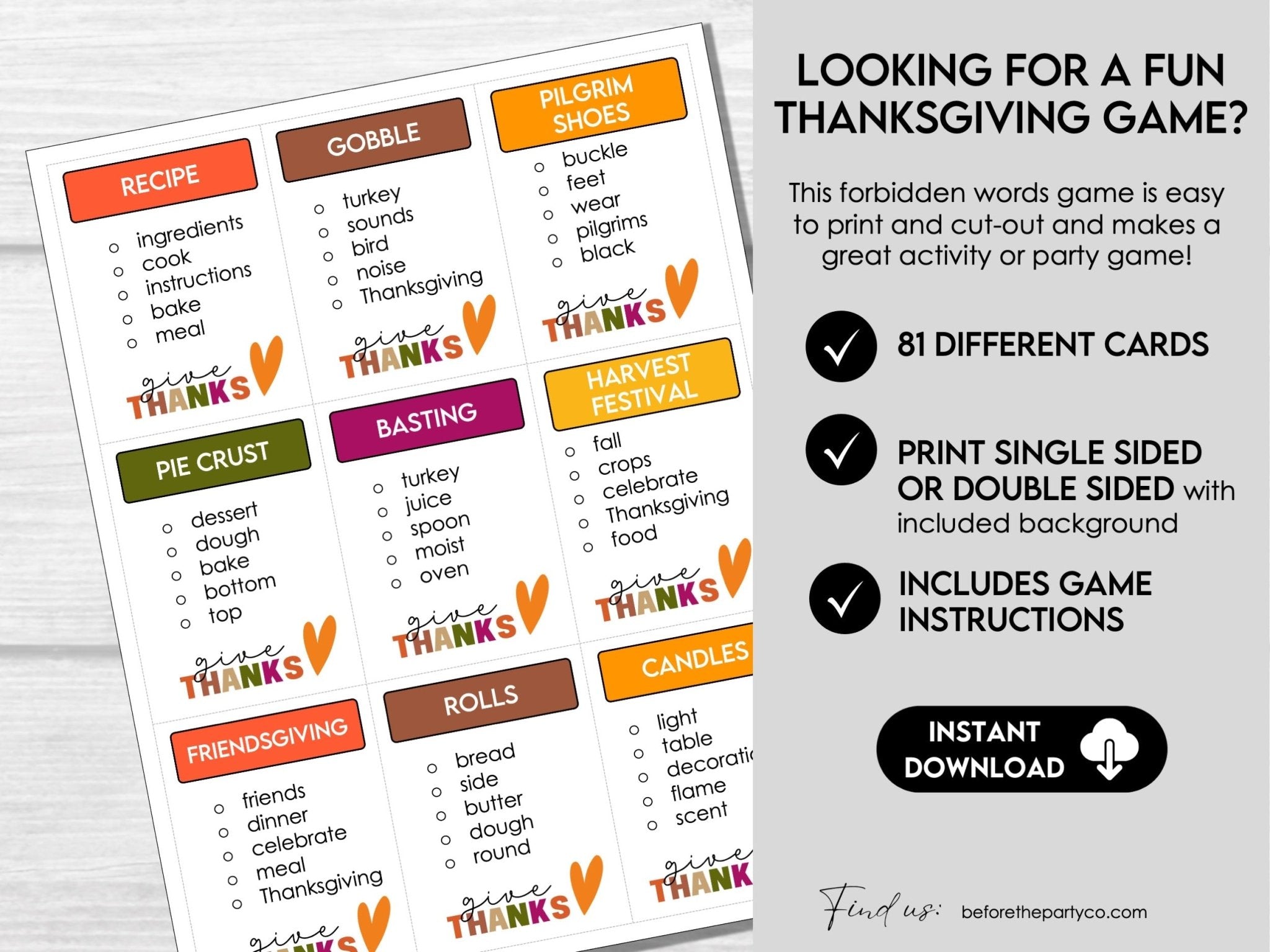 Thanksgiving Forbidden Word Game | Printable Thanksgiving Party Games | Thanksgiving Games, Kids & Adults