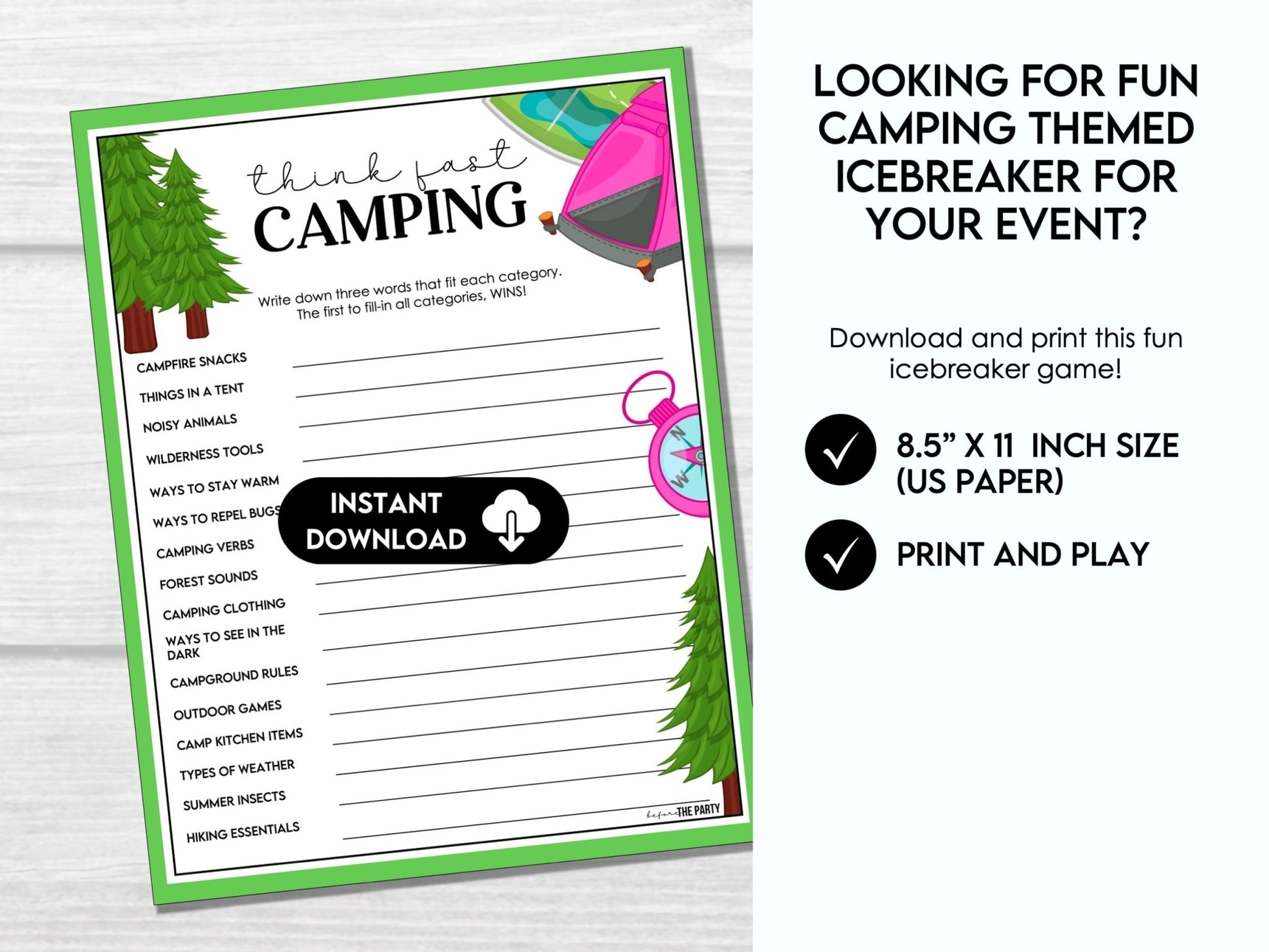 Think Fast Camping – Summer Icebreaker Game Printable C1
