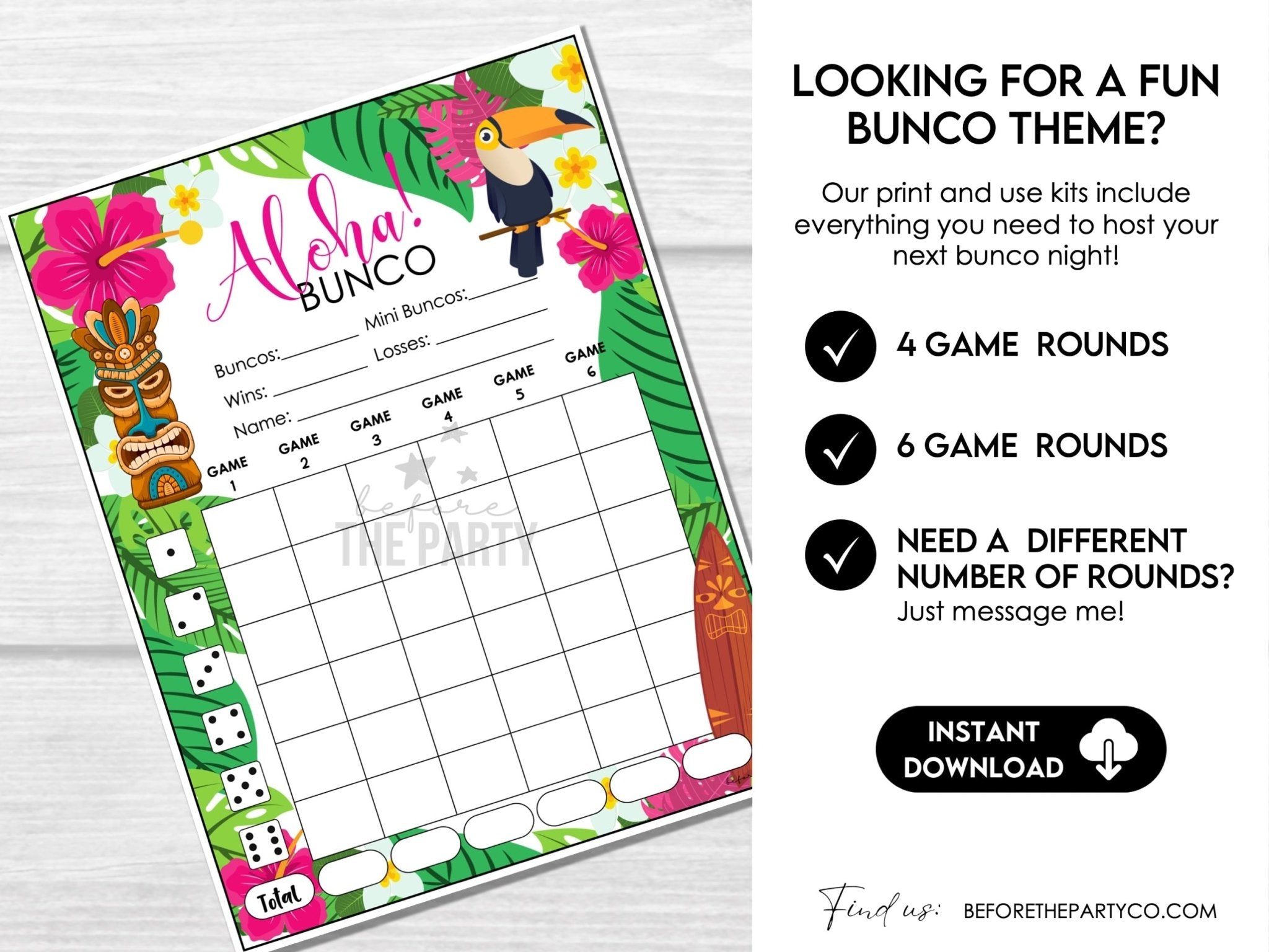 Tropical Summer Bunco Score Sheets, Aloha Hawaii Tiki Theme