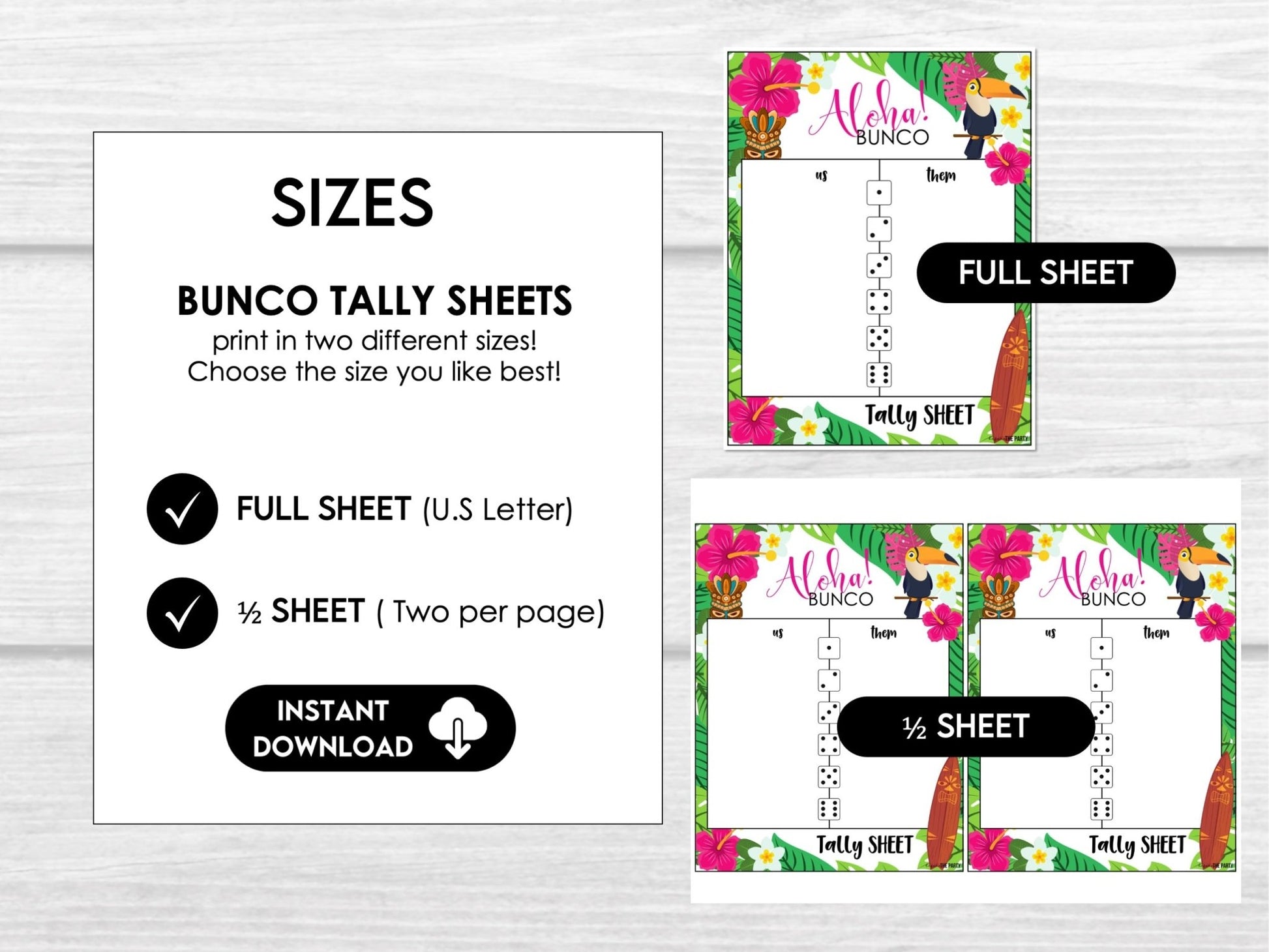 Tropical Summer Bunco Score Sheets, Aloha Hawaii Tiki Theme