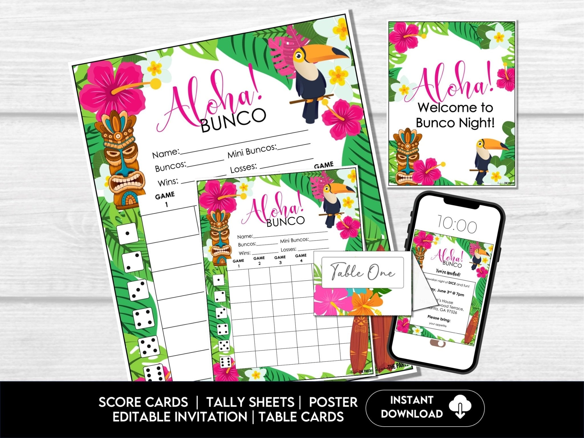 Tropical Summer Bunco Score Sheets, Aloha Hawaii Tiki Theme