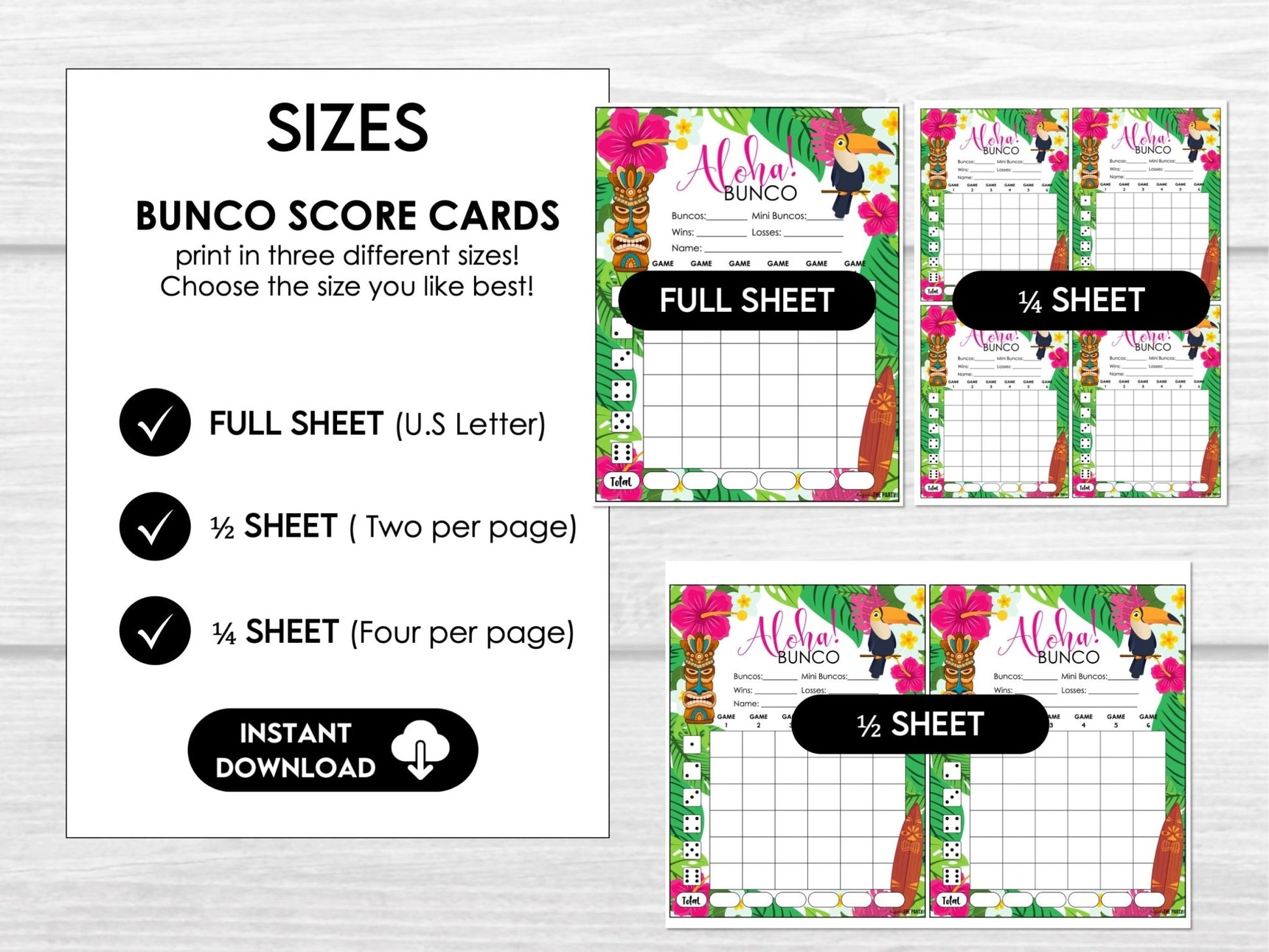 Tropical Summer Bunco Score Sheets, Aloha Hawaii Tiki Theme