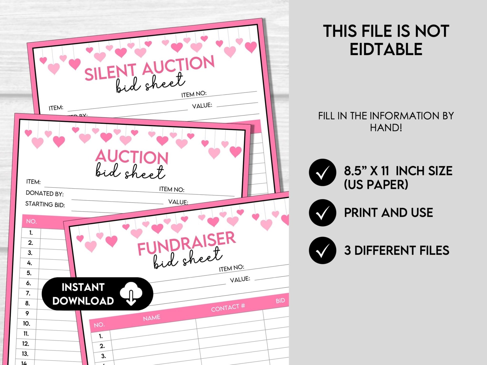 Valentine's Day Silent Auction Bid Sheet, Silent Auction Sign Up Sheet