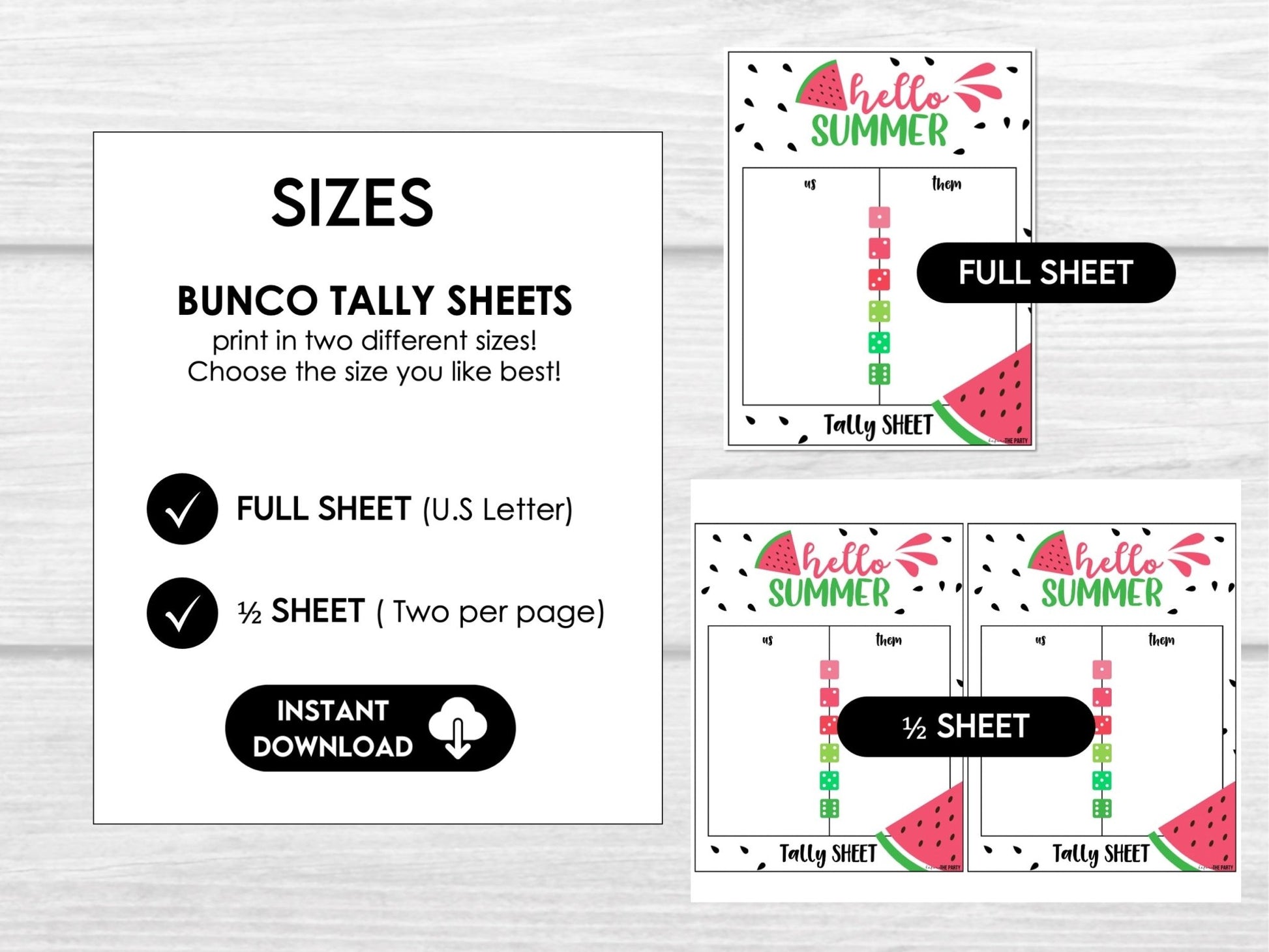 Watermelon Bunco Printable Game Set – Summer Score Cards, Invitations, Table Signs & Party Decor
