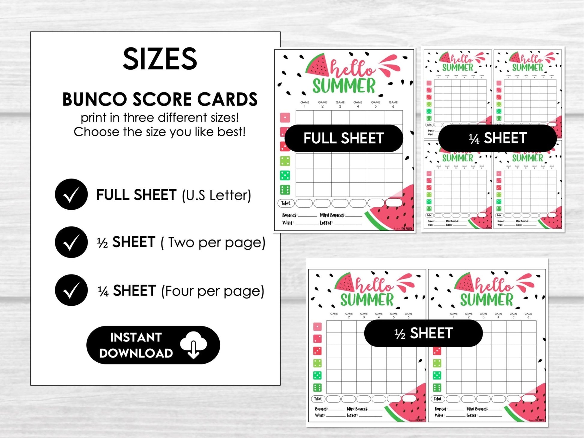 Watermelon Bunco Printable Game Set – Summer Score Cards, Invitations, Table Signs & Party Decor