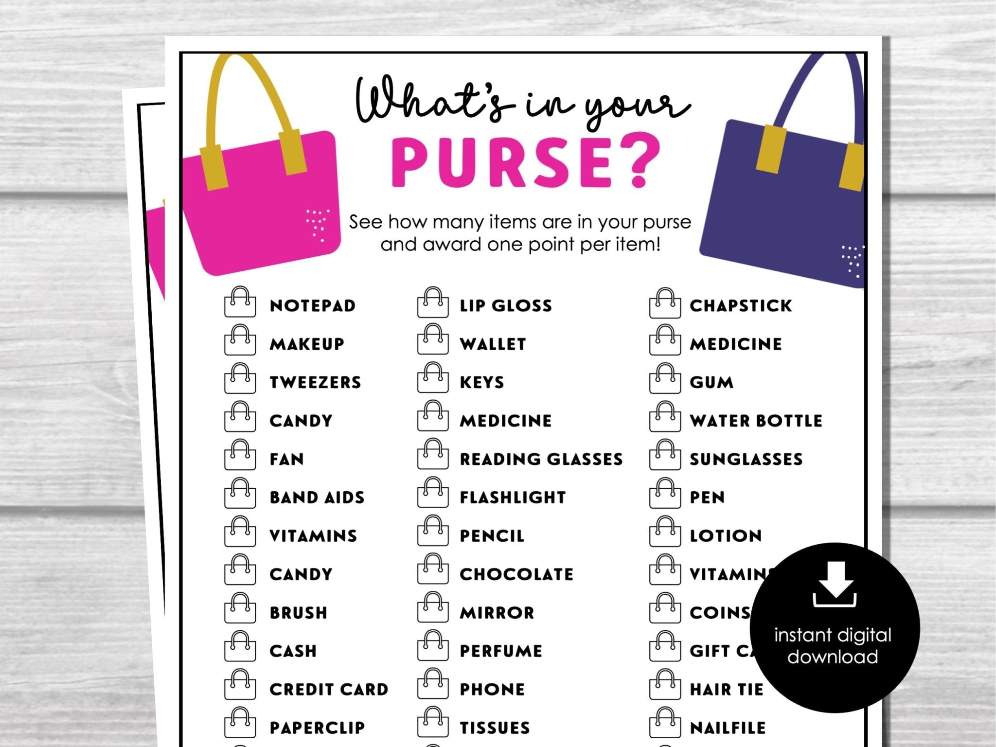 What's in your purse? Ladies night game, Girl's Night Out, Printable Bridal Shower Game,