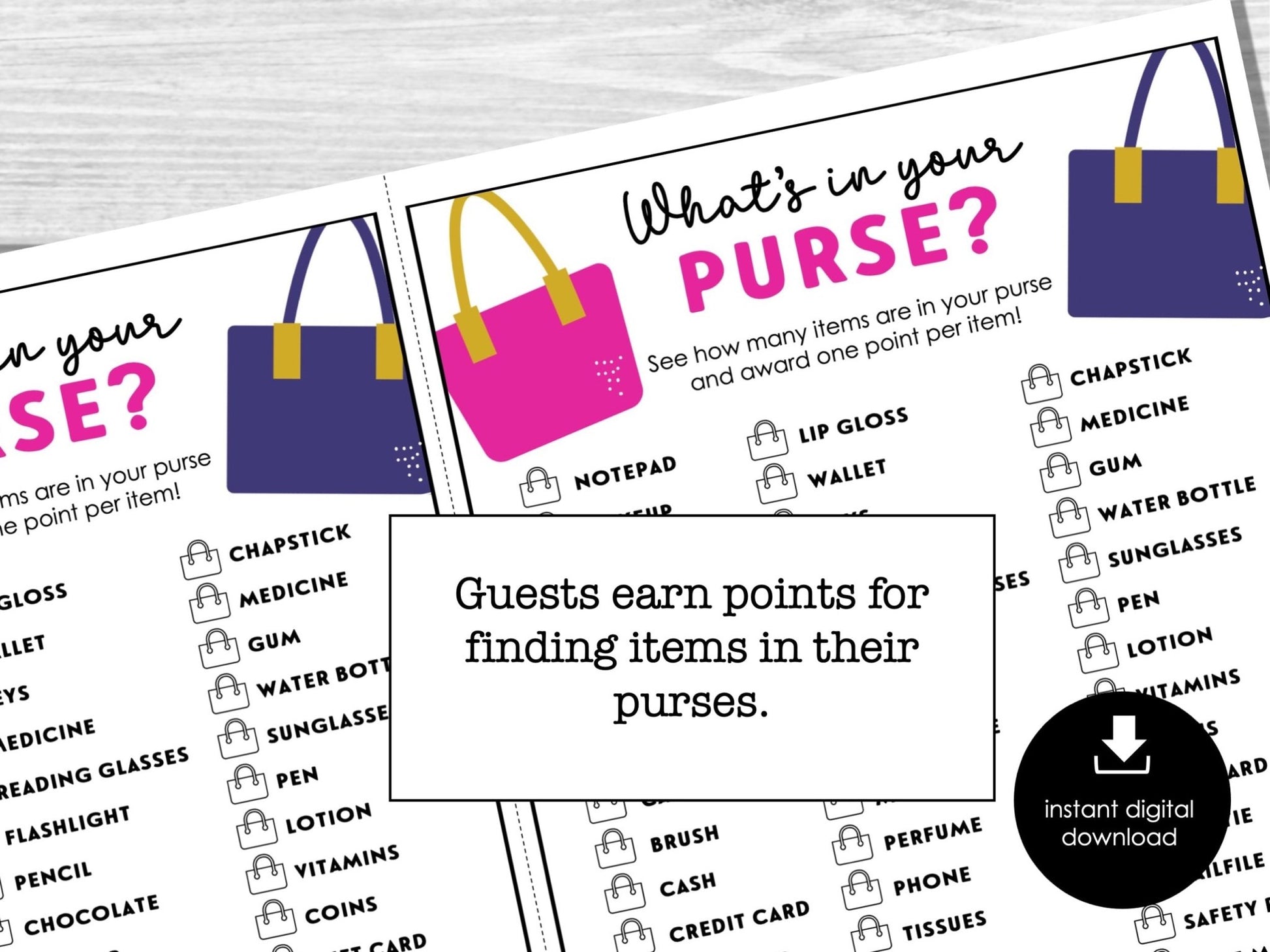 What's in your purse? Ladies night game, Girl's Night Out, Printable Bridal Shower Game,