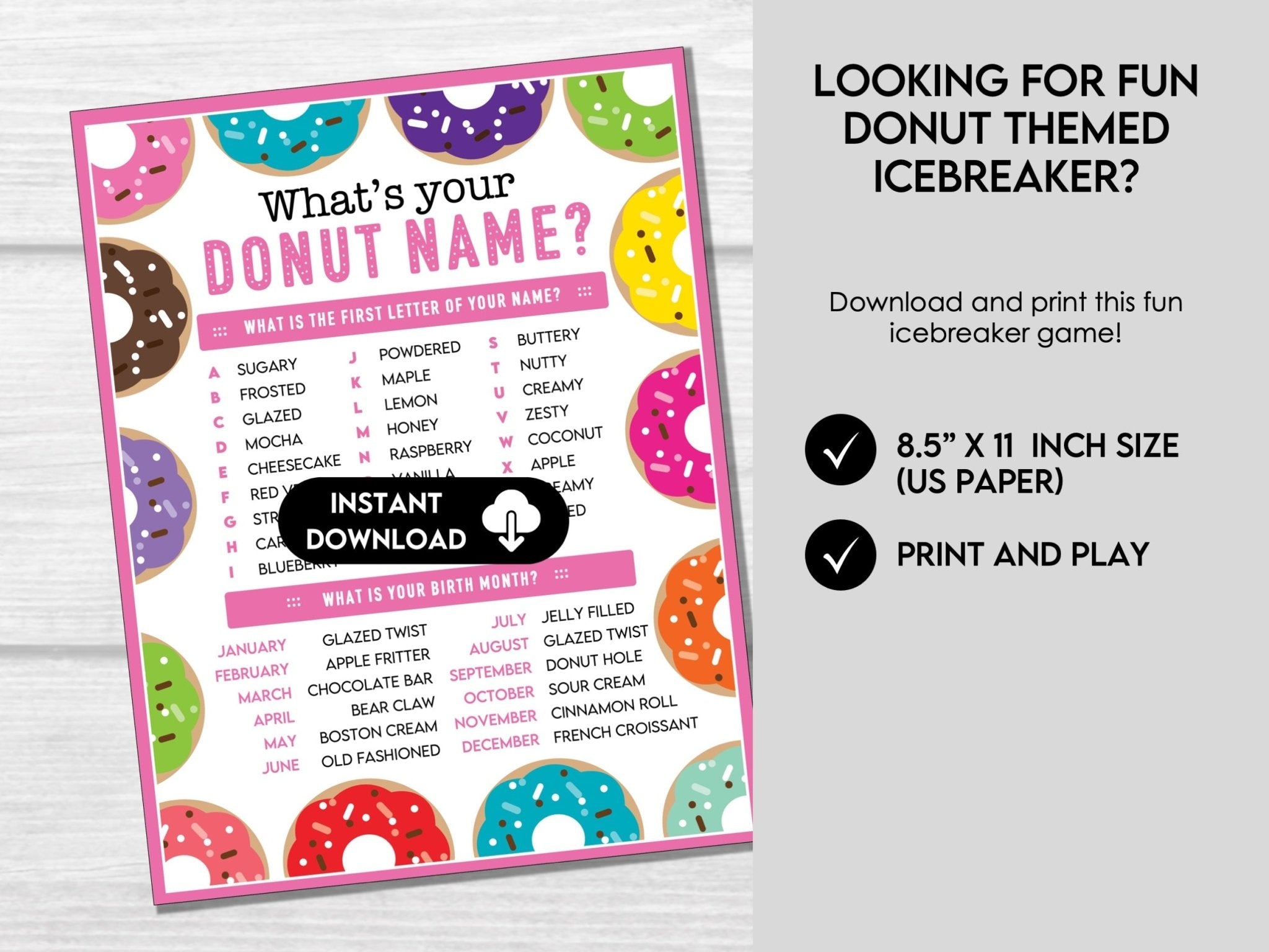 What's Your Donut Name Game - Group Party Printable