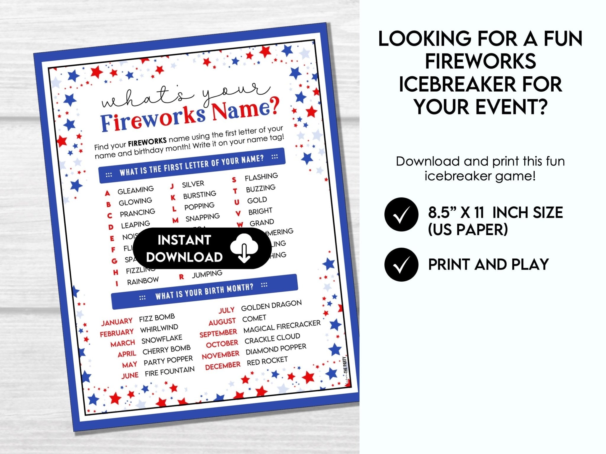 What's Your Fireworks Name? – Printable Party Icebreaker with Name Tags 4J