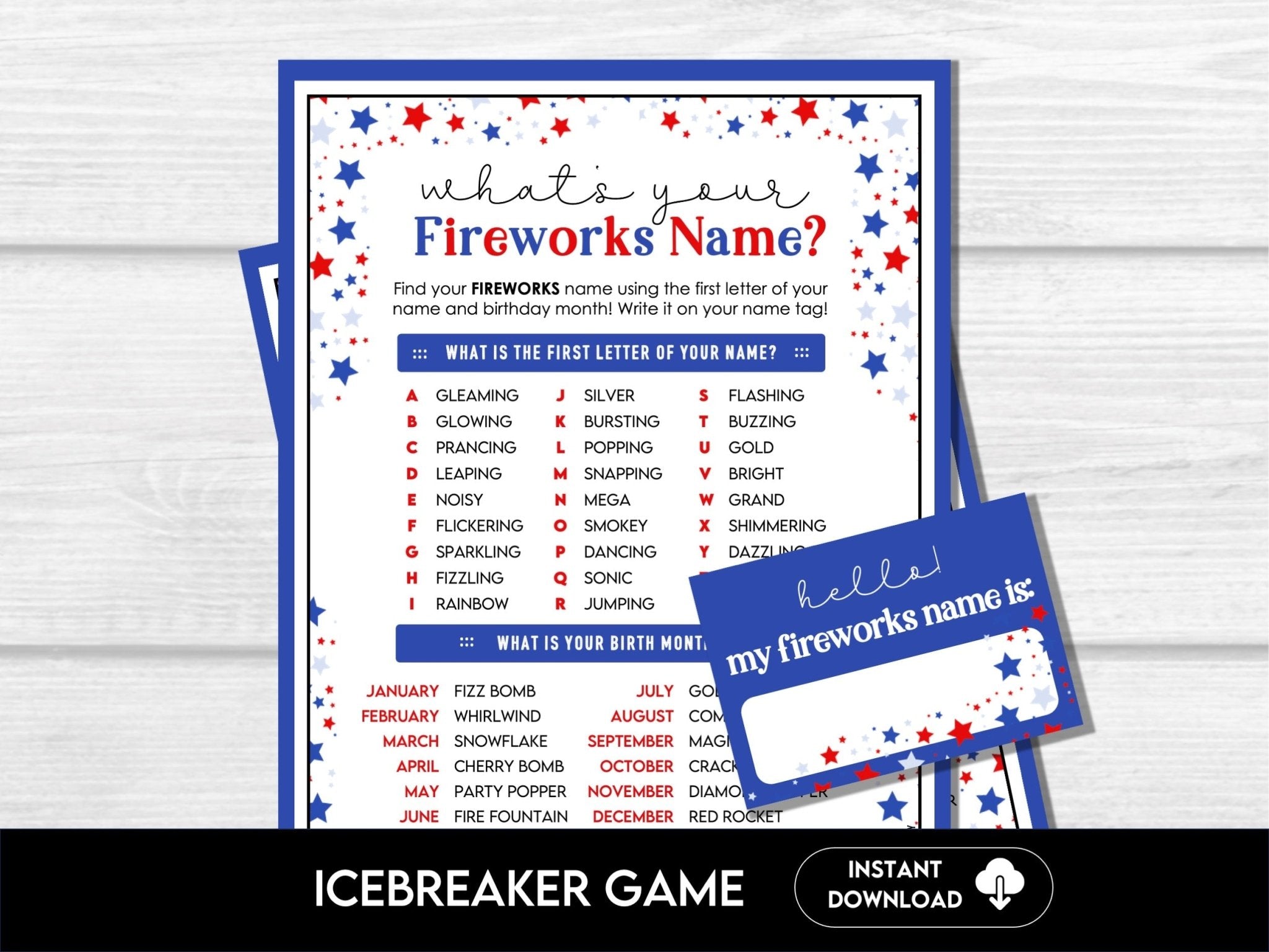 What's Your Fireworks Name? – Printable Party Icebreaker with Name Tags 4J