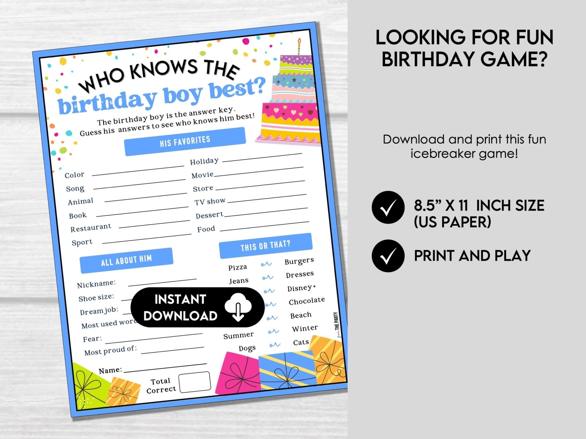 Who Knows The Birthday Boy Best, Printable Birthday Boy Trivia Game Party Printable