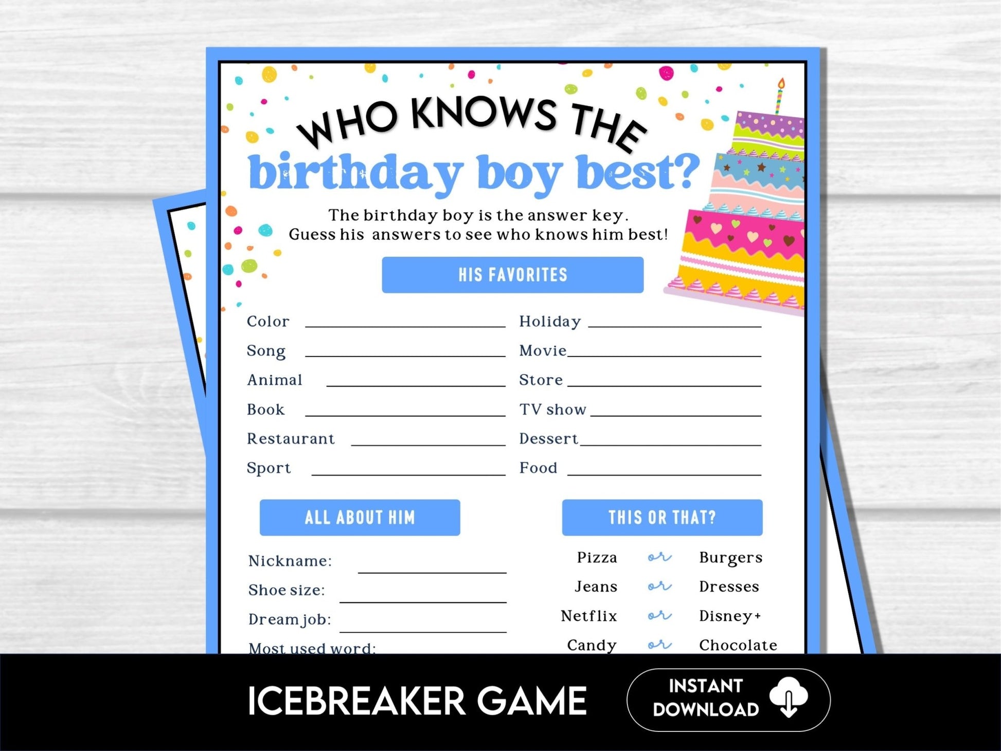 Who Knows The Birthday Boy Best, Printable Birthday Boy Trivia Game Party Printable