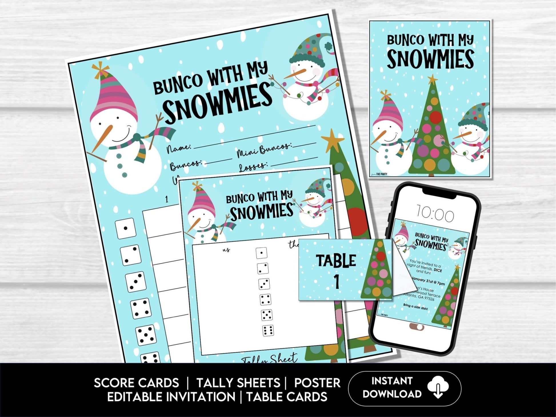 Winter Bunco Score Sheets, January Bunco Game, Snowman Bunco Invitation