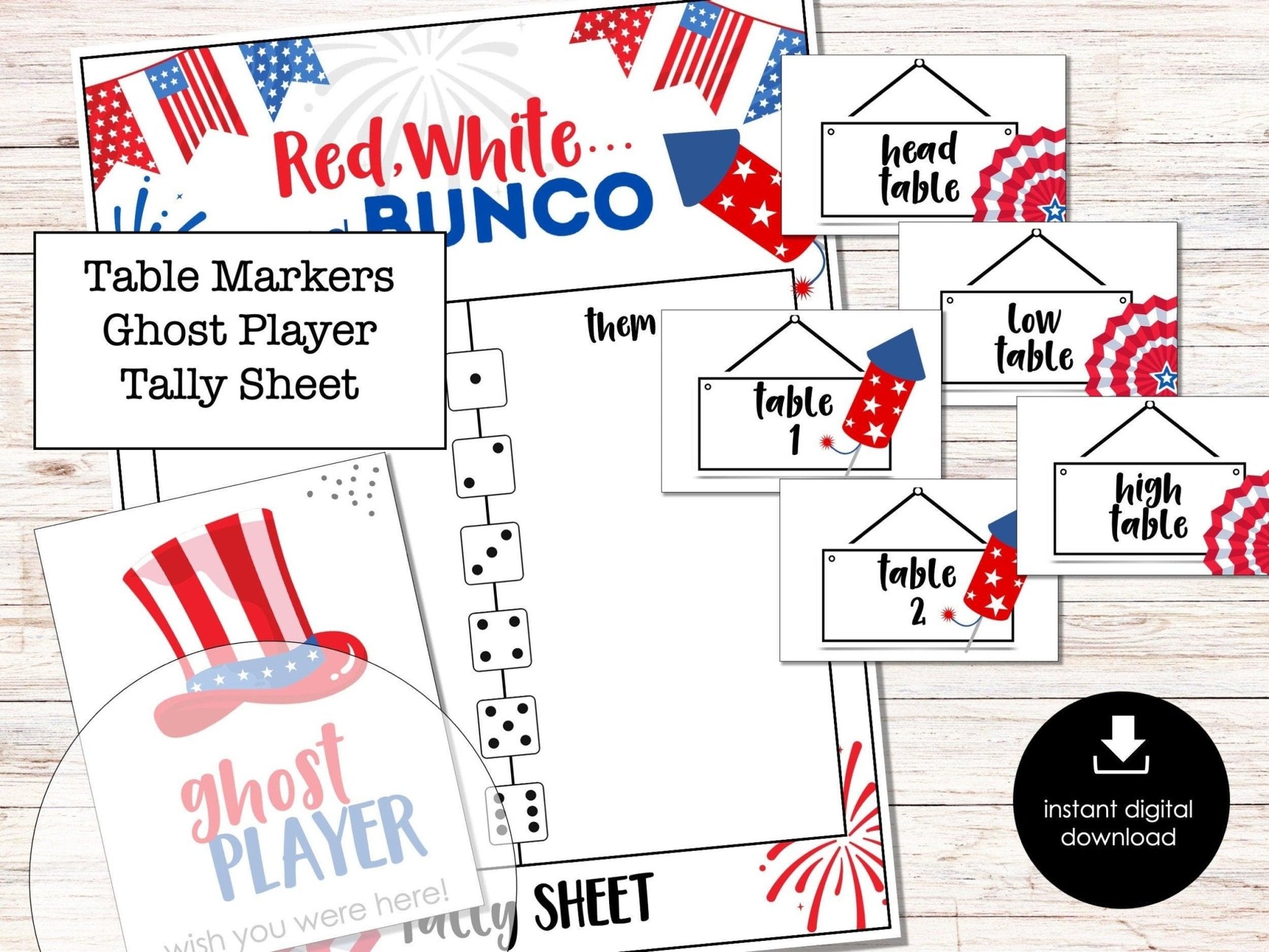 4th of July Bunco Score Cards - Fourth of July Theme Bunco Party - BUNKO Tally Sheets