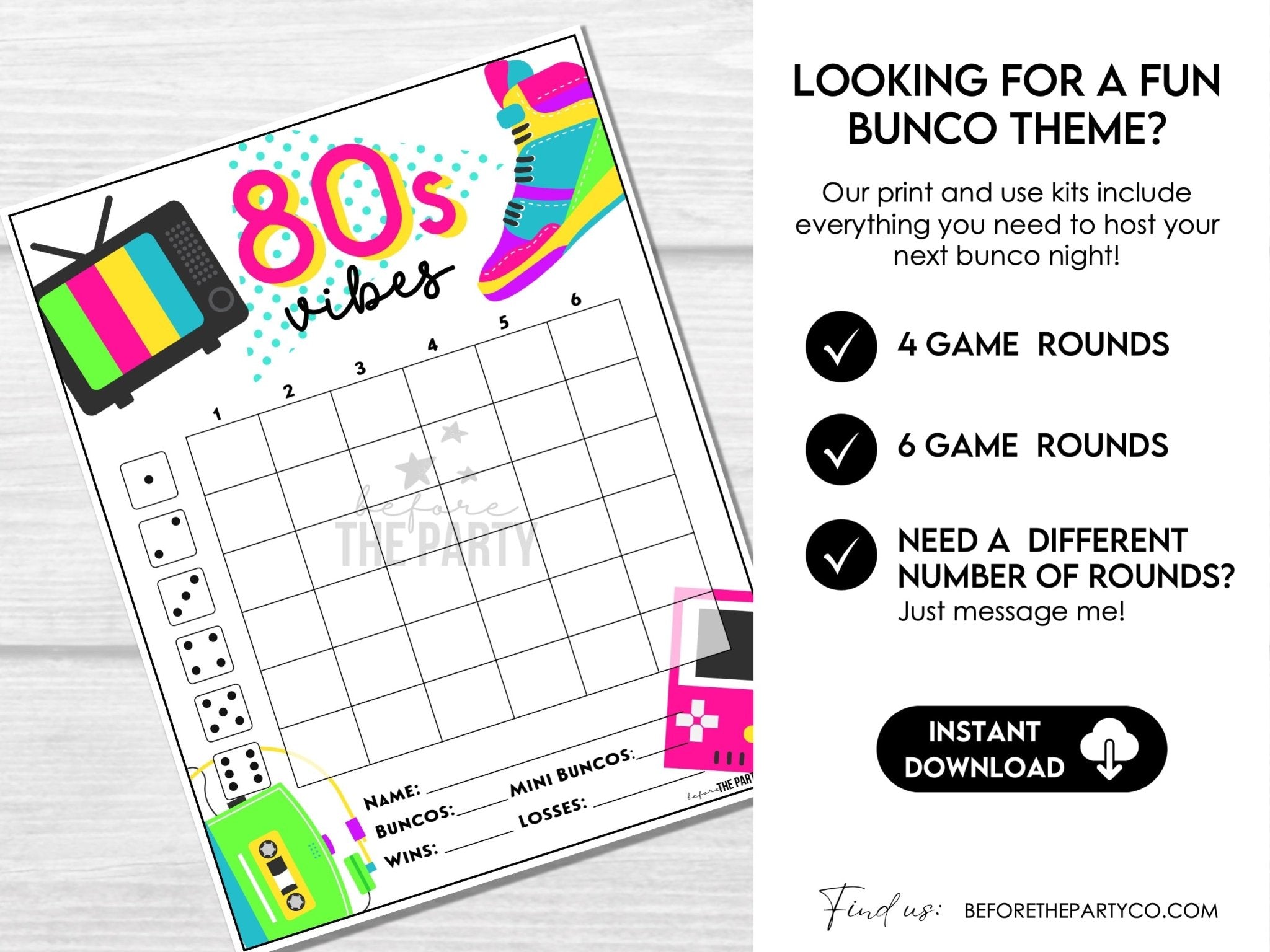 80's Revival Bunco Score Cards, 1980's Theme Bunco Party, Fun Bunco Theme