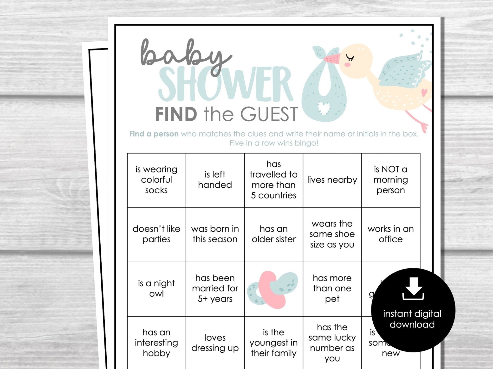 Baby Shower Party Game, Baby Find the Guest Bingo Game, Icebreakers Printable for Boy or Girl Baby Shower