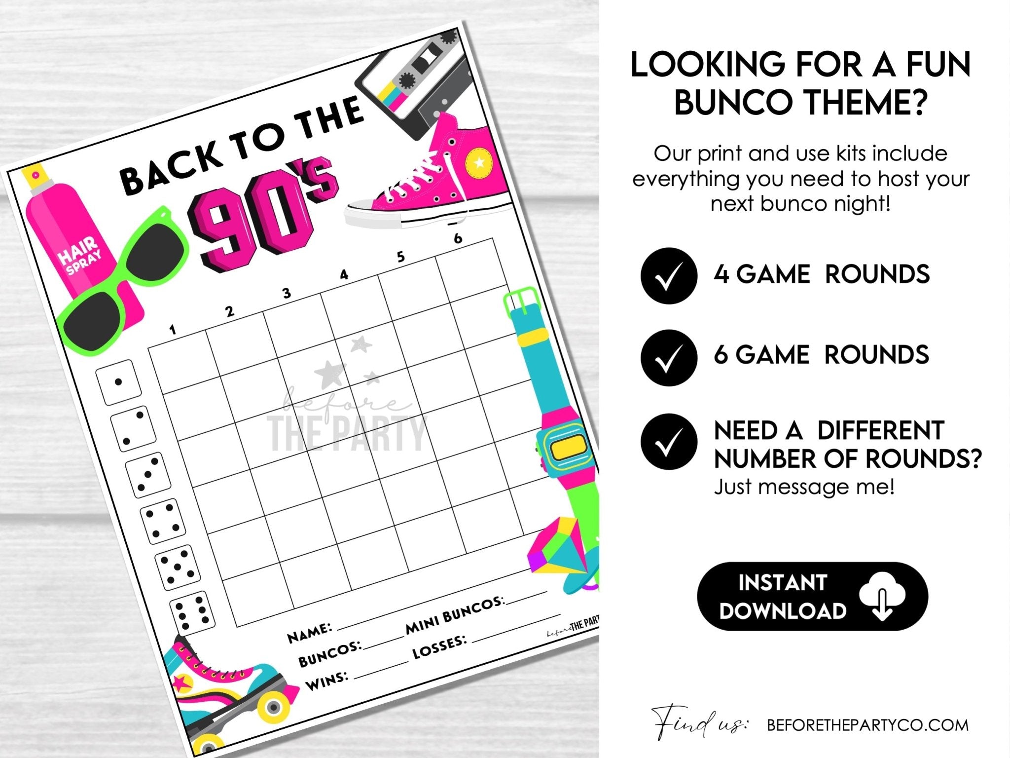 Back to the 90's Bunco Score Cards, 1990's Theme Bunco Party, Fun Bunco Theme, Score Cards & Tally Sheets