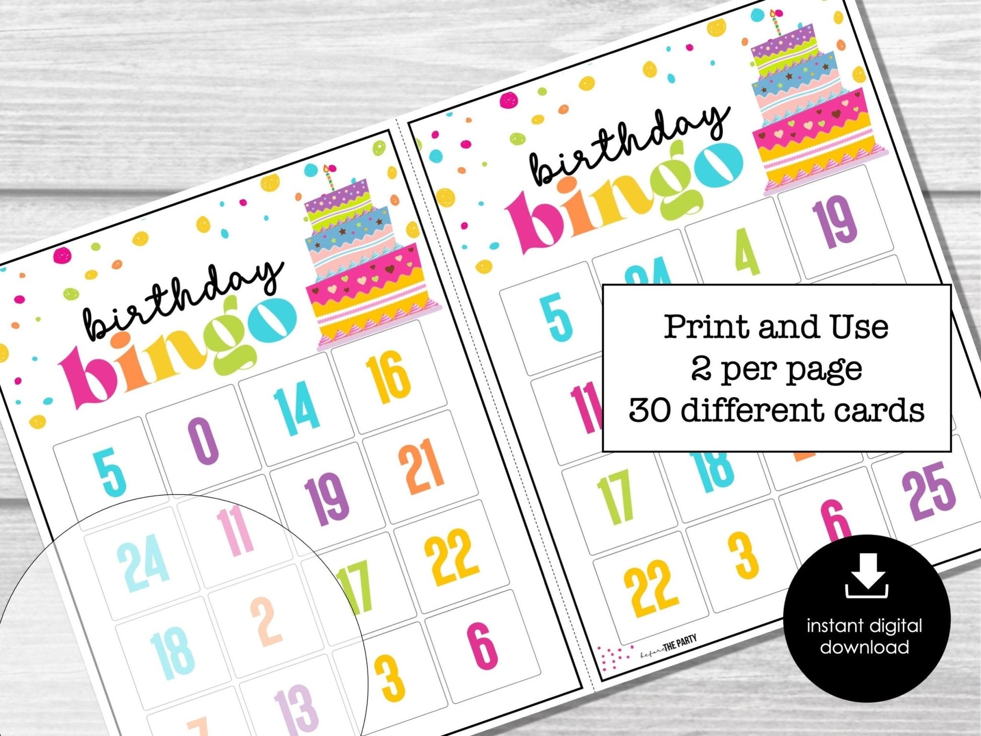 Birthday Bingo Party Game for Kids, Numbers 0 - 25 Bingo Game, Happy Birthday Bingo Game, Fun Printable Bingo Cards for Kids