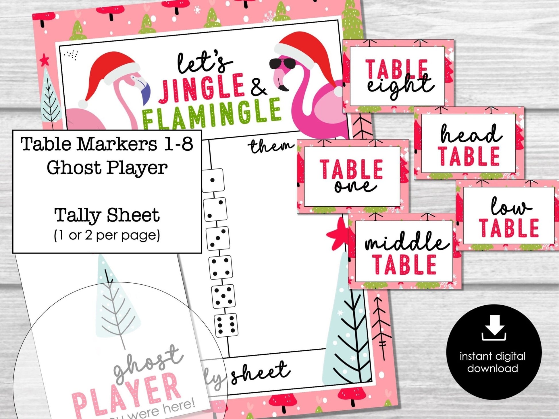 Flamingo Christmas Bunco Score Sheets, Flamingle December Bunco Cards