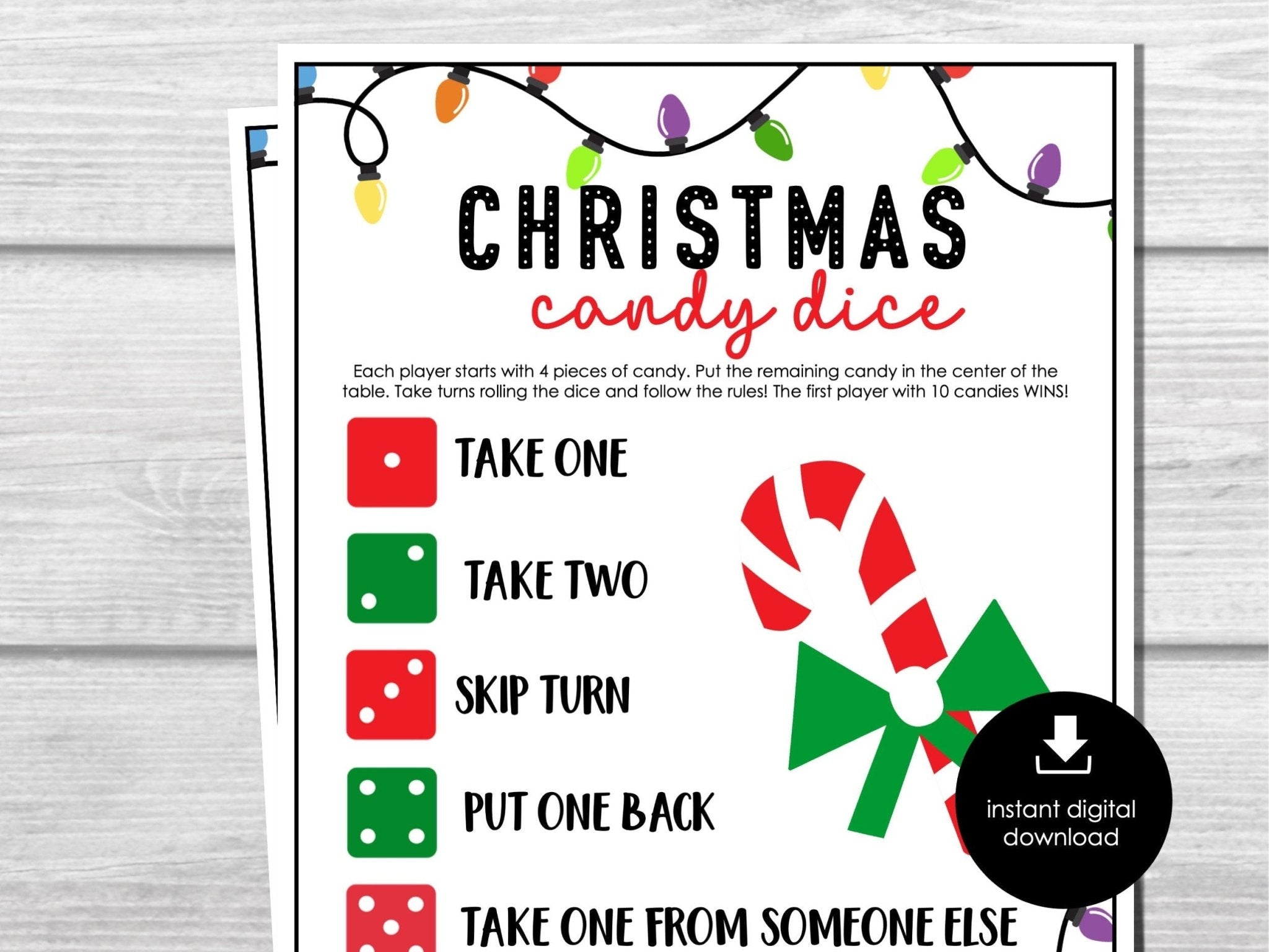 Christmas Candy Dice Game, Group Holiday Party Game, Printable Dice Game for Kids and Adults