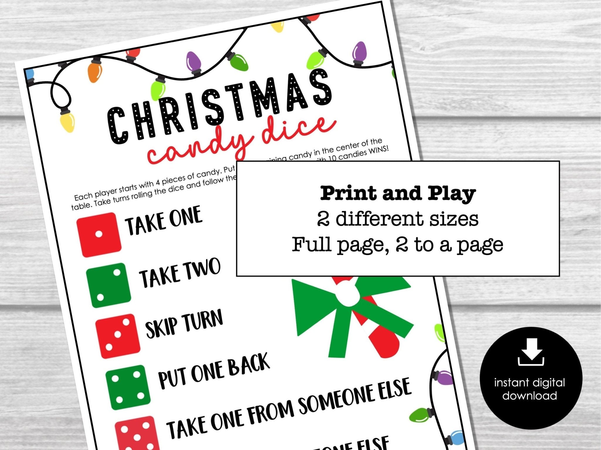 Christmas Candy Dice Game, Group Holiday Party Game, Printable Dice Game for Kids and Adults